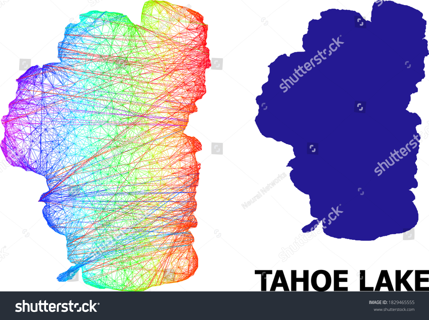 SVG of Wire frame and solid map of Tahoe Lake. Vector model is created from map of Tahoe Lake with intersected random lines, and has spectrum gradient. Abstract lines are combined into map of Tahoe Lake. svg