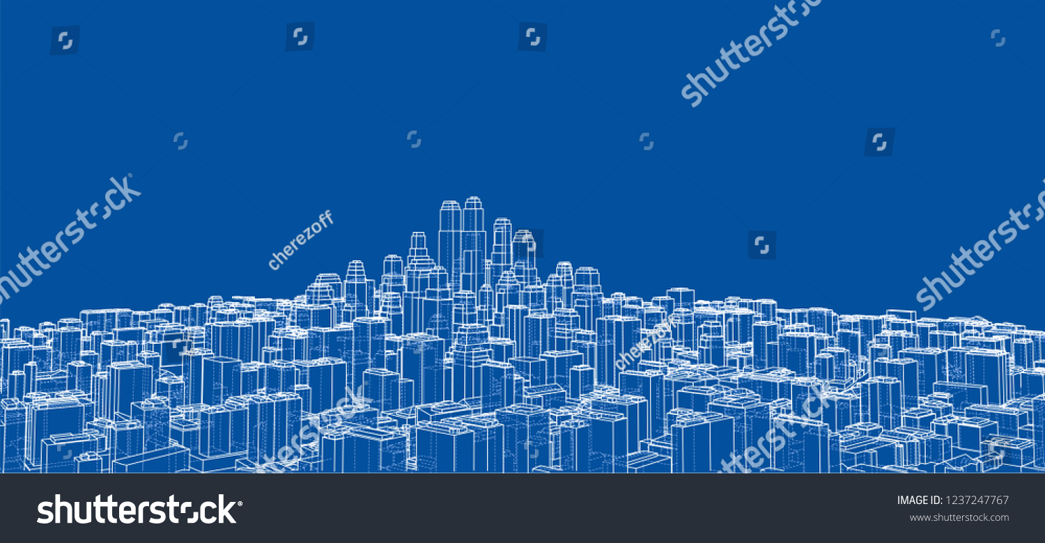 Wireframe City Blueprint Style 3d Rendering Stock Vector (Royalty Free ...