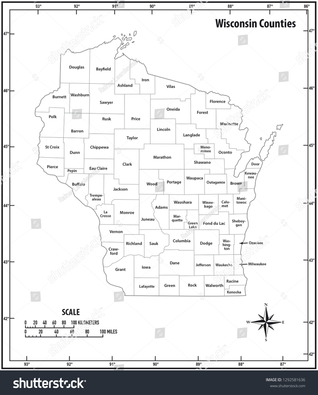 Stock Vector Wisconsin State Outline Administrative And Political Vector Map In Black And White 1292581636 