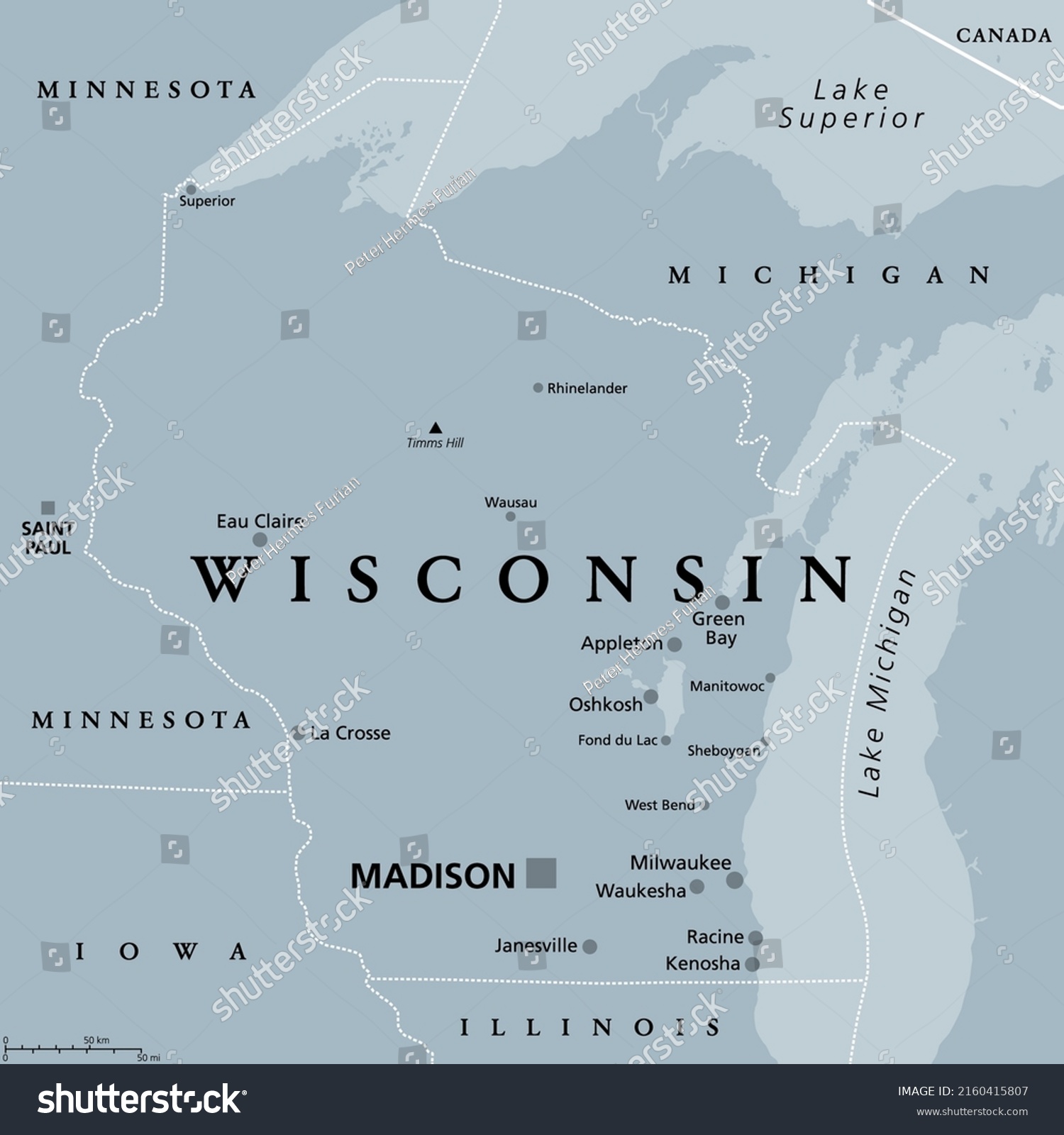 Wisconsin Wi Gray Political Map Capital Stock Vector (Royalty Free