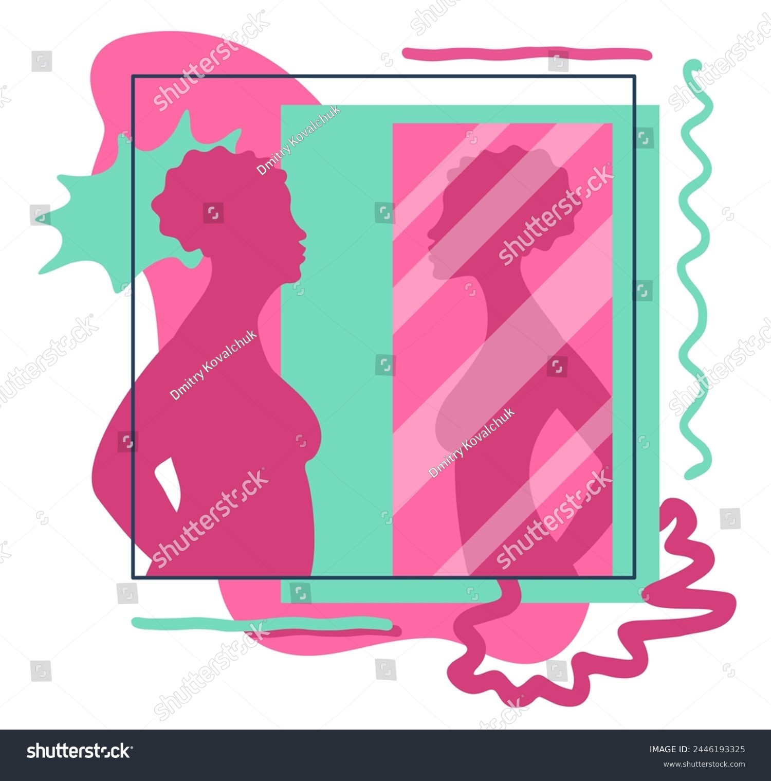 SVG of Wish to loss weight. Woman looking at mirror and see her reflection with slim figure. Abstract vector illustration svg