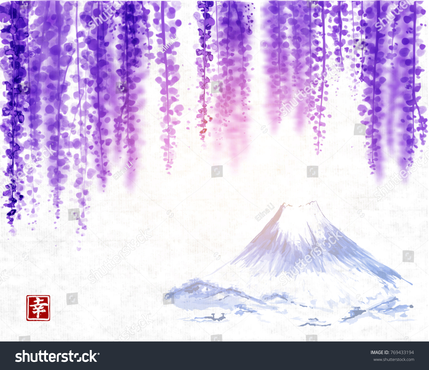 SVG of Wisteria blossom and Fujiyama mountain on rice paper background. Traditional oriental ink painting sumi-e, u-sin, go-hua. Contains hieroglyph - happiness svg