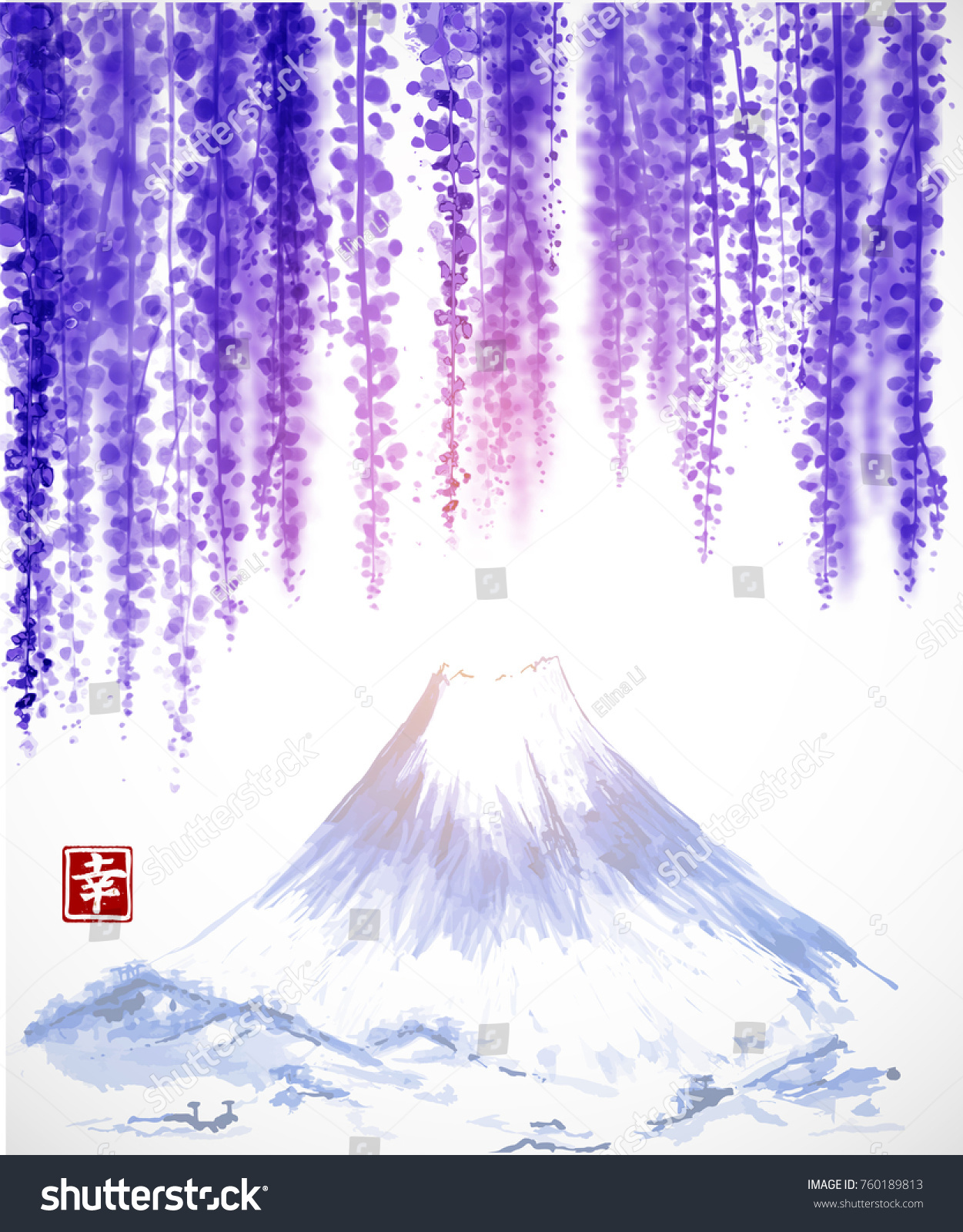 SVG of Wisteria blossom and Fujiyama mountain. Traditional oriental ink painting sumi-e, u-sin, go-hua. Contains hieroglyph - happiness svg
