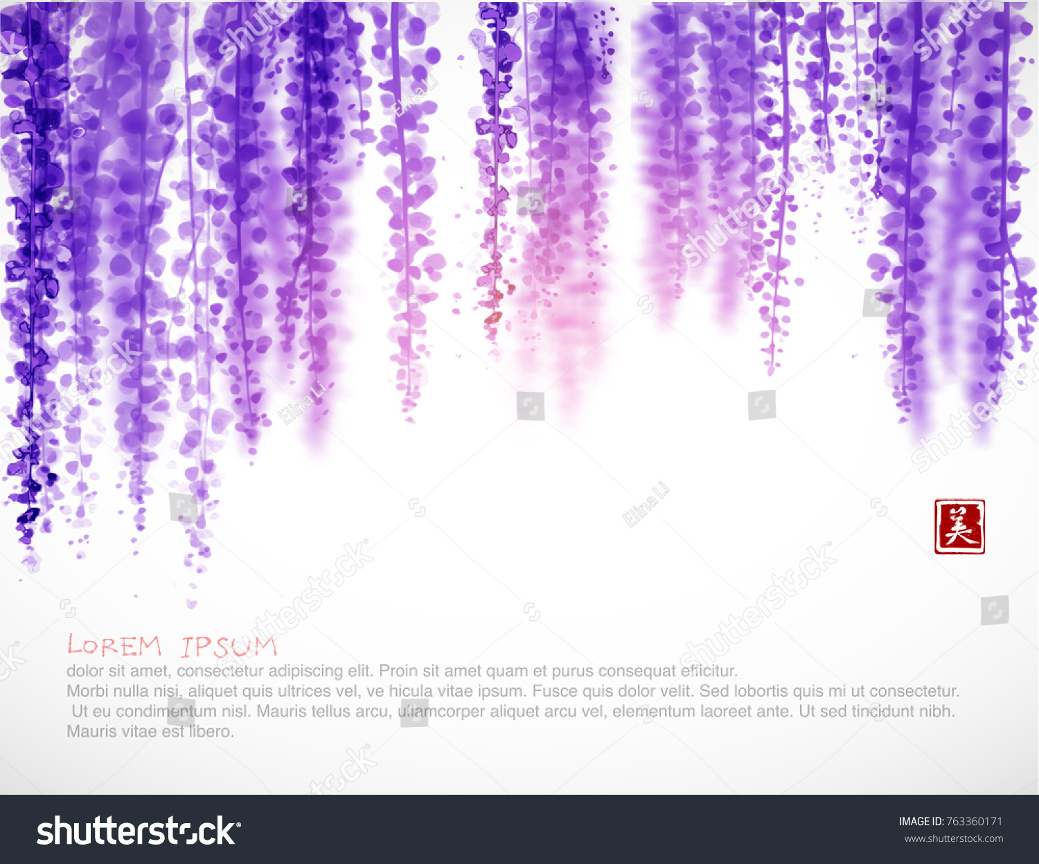 SVG of Wisteria blossom on white background. Traditional oriental ink painting sumi-e, u-sin, go-hua. Contains hieroglyph - beauty. svg