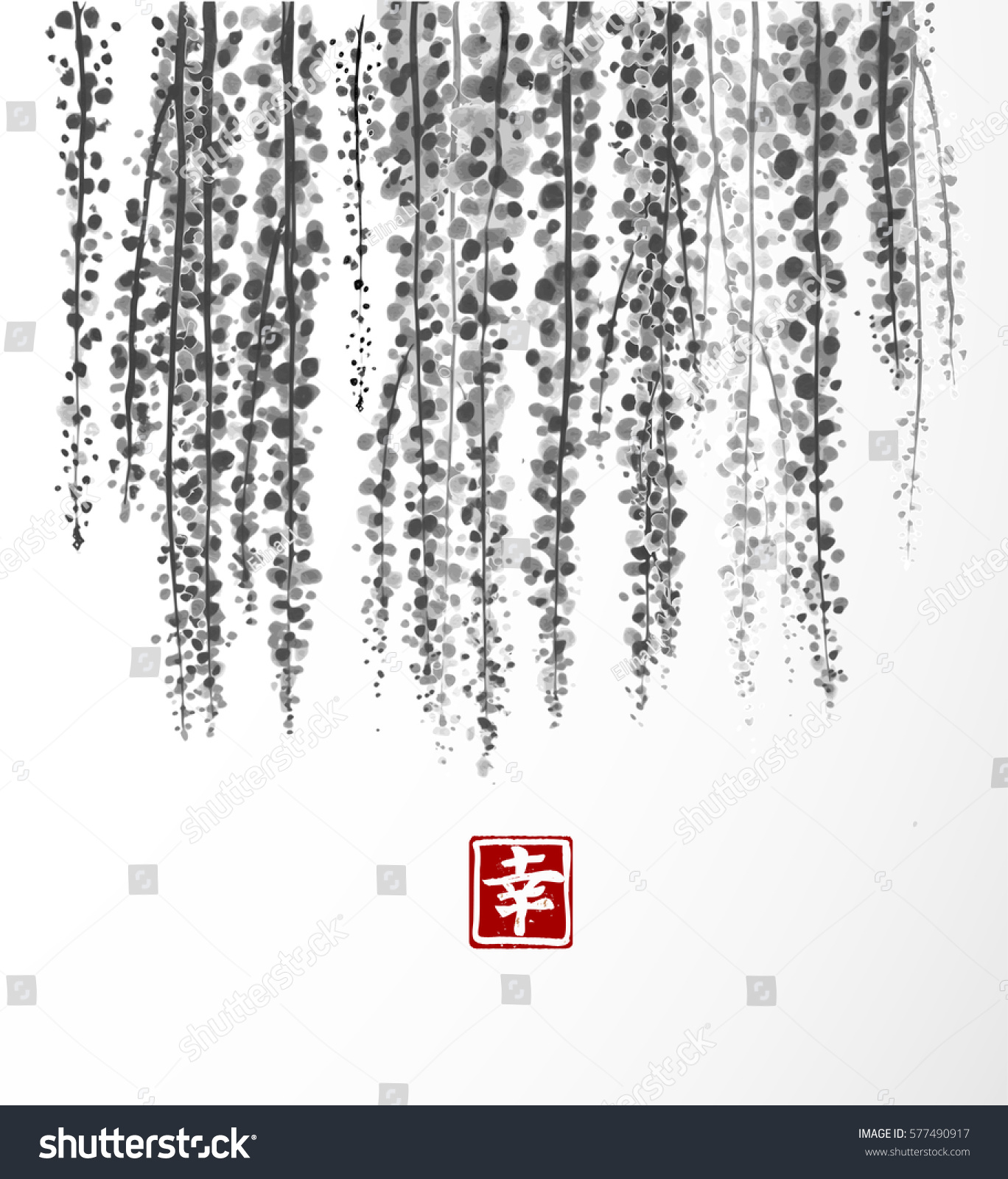 SVG of Wisteria hand drawn with ink on white background. Contains hieroglyph - happiness. Traditional oriental ink painting sumi-e, u-sin, go-hua. Bunches of flowers. svg