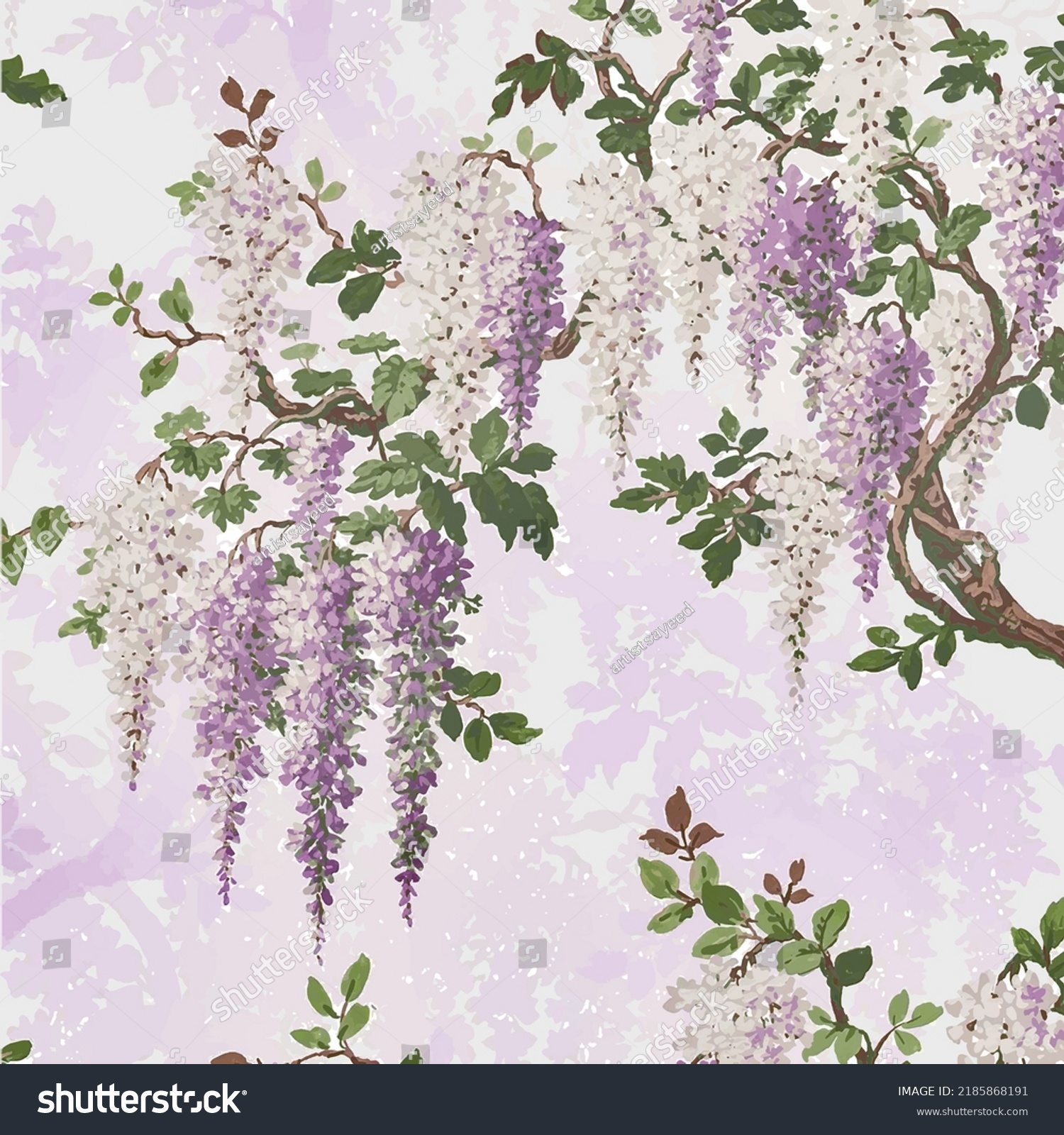 SVG of Wisteria Lilac Pretty Bright Floral and Botanical Chinoiserie and Oriental Bold Vintage Traditional Flower design pattern vector svg