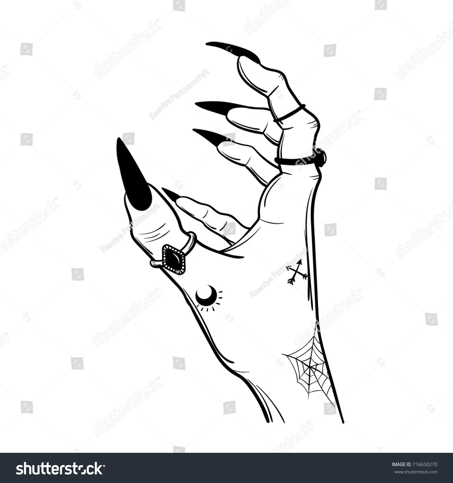 Witch Hands Black Nails Rings Magic Stock Vector (Royalty Free) 716650270