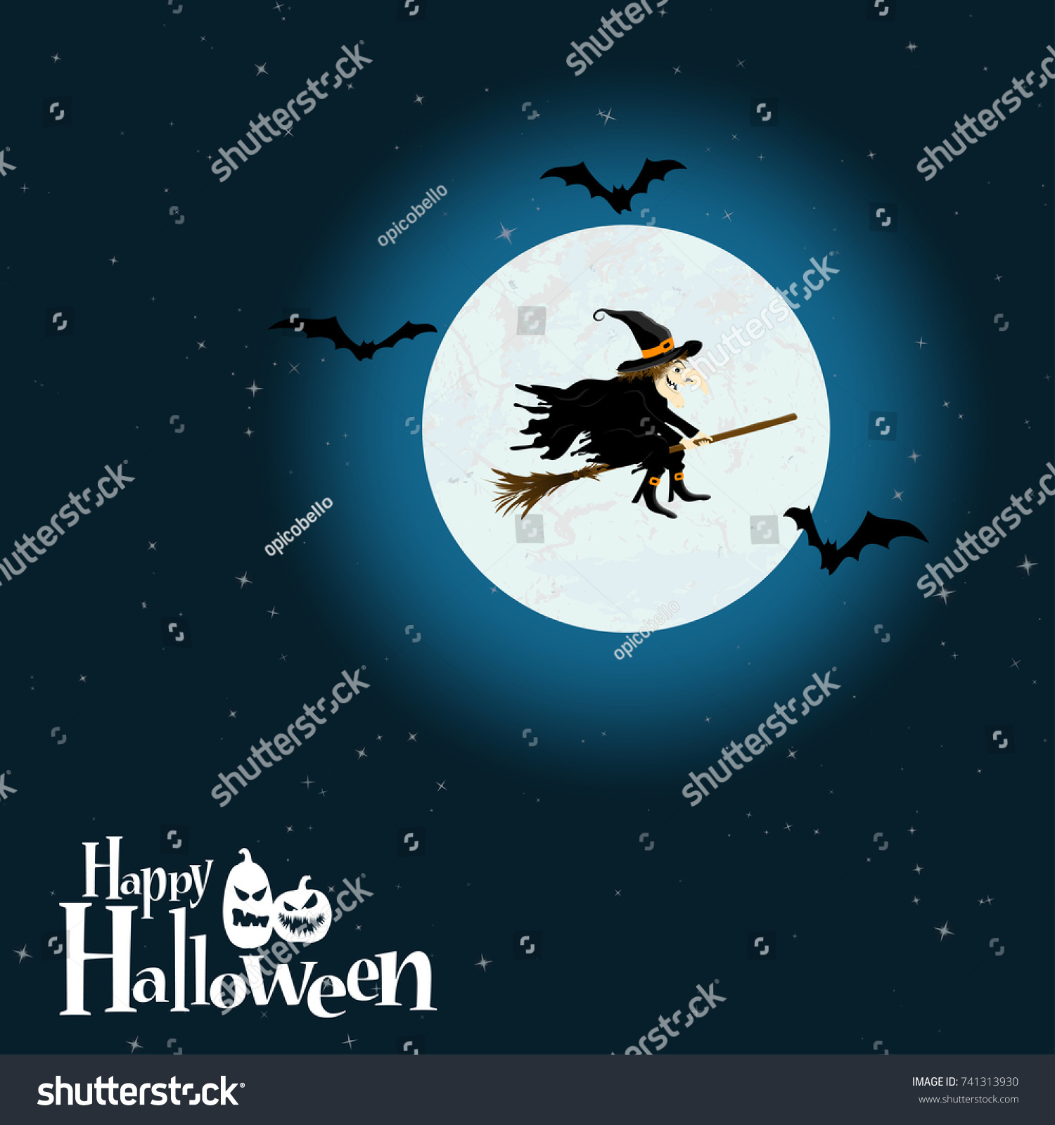 Witch Front Full Moon Scary Illustrated Stock Vector (Royalty Free ...