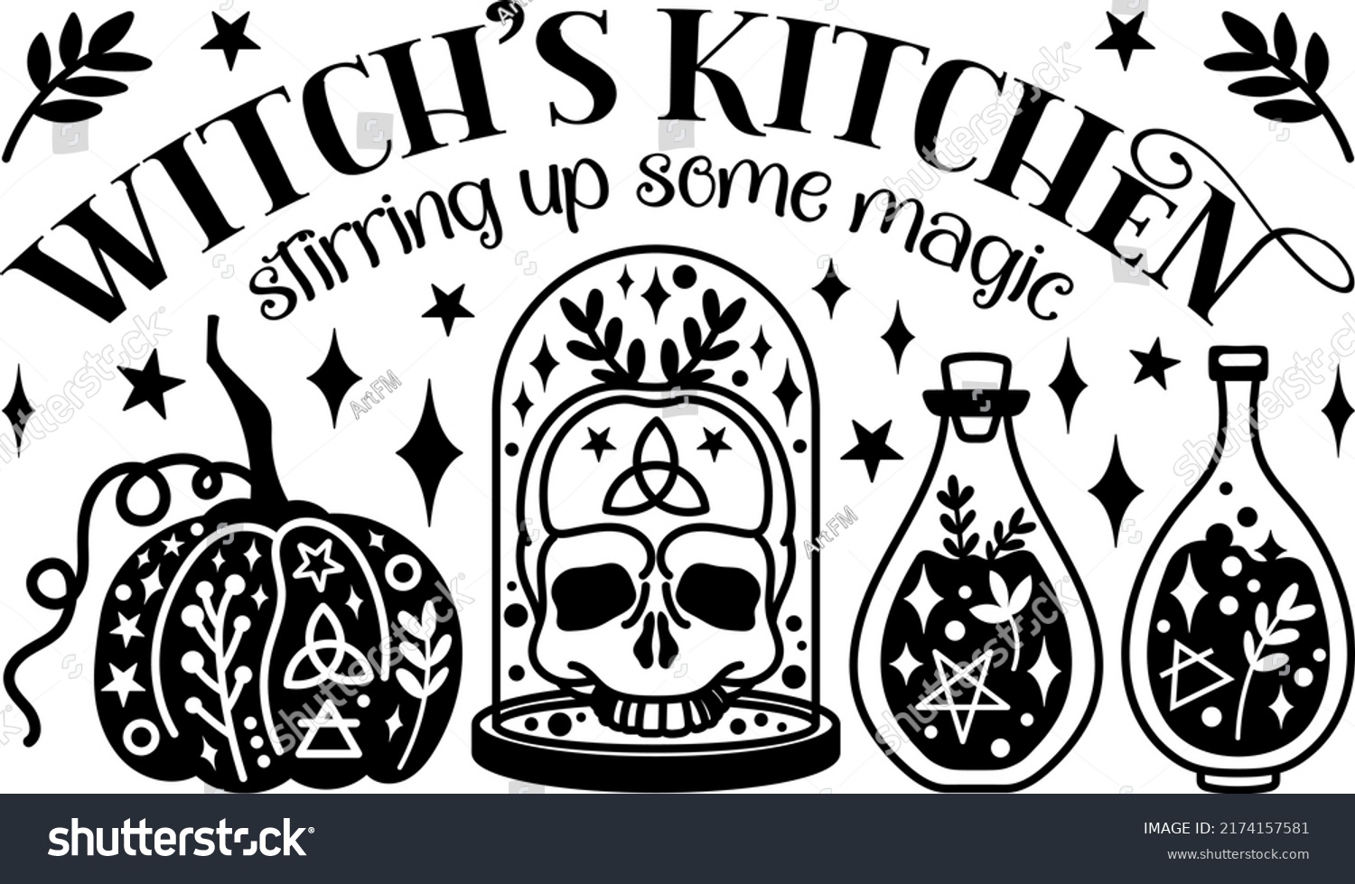 SVG of Witch's kitchen vector print. Halloween mystical quote. Magic potions, scull, celestial pumpkin. Halloween lettering  svg