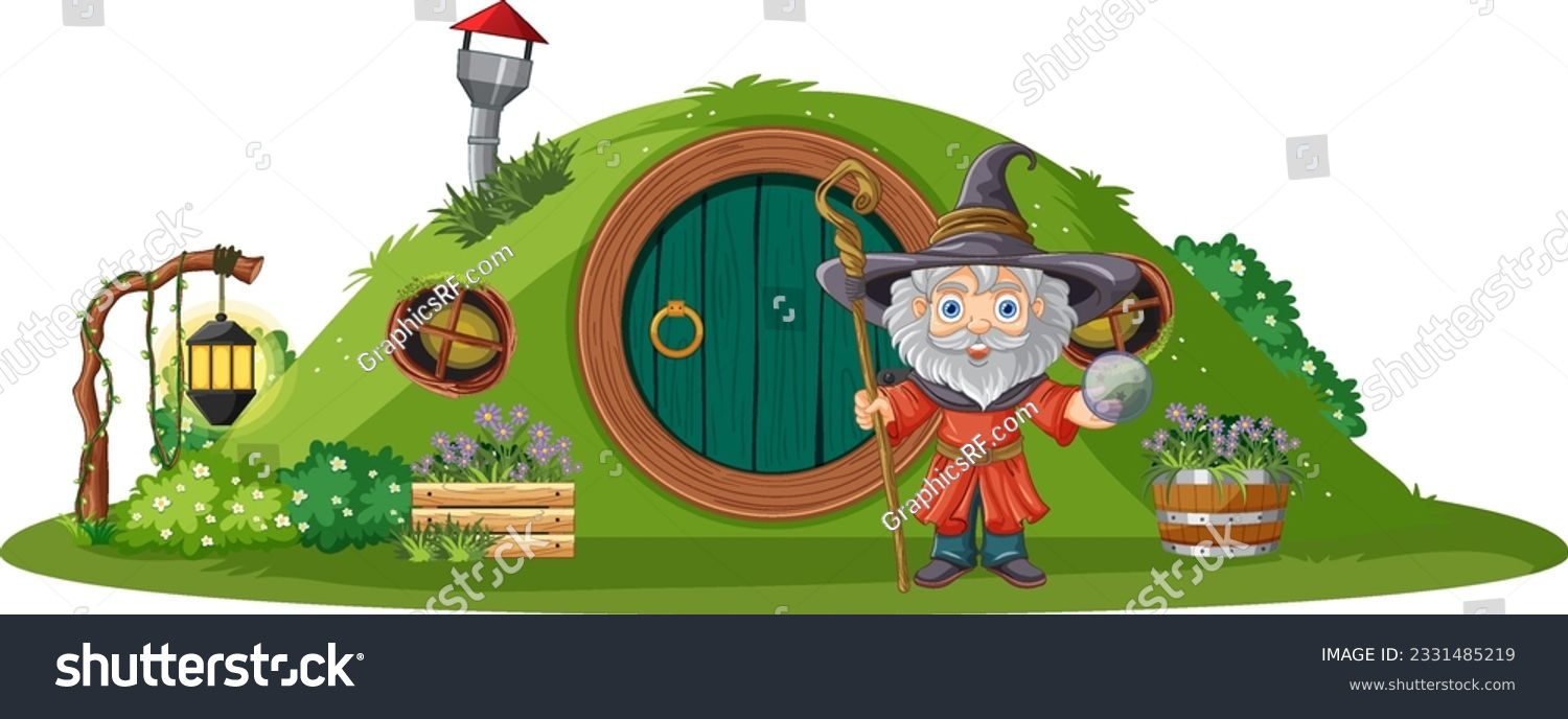 SVG of Wizard standing in front of hobbit house illustration svg
