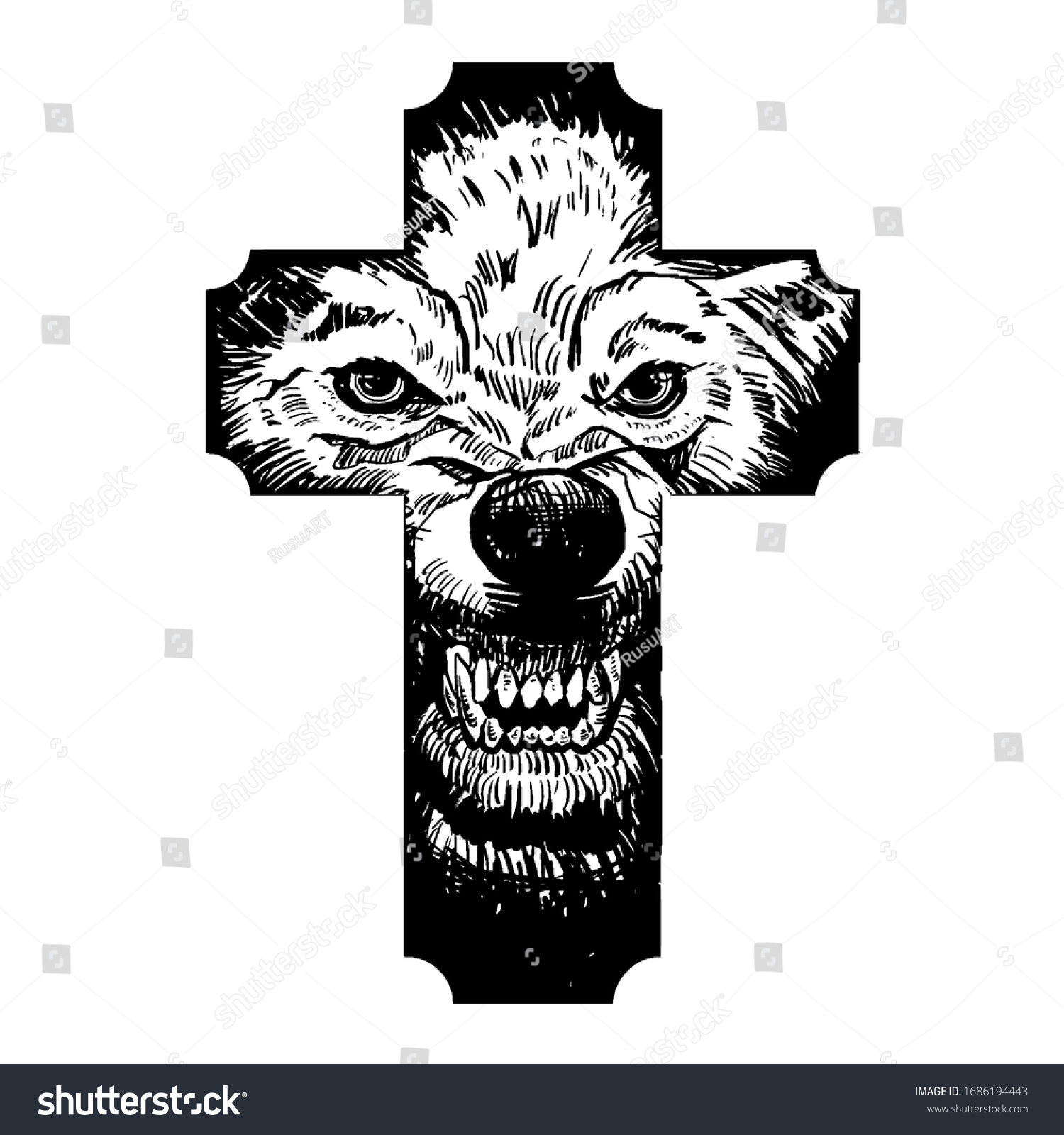 Wolf Cross Tattoo Vector Illustration Stock Vector (Royalty Free