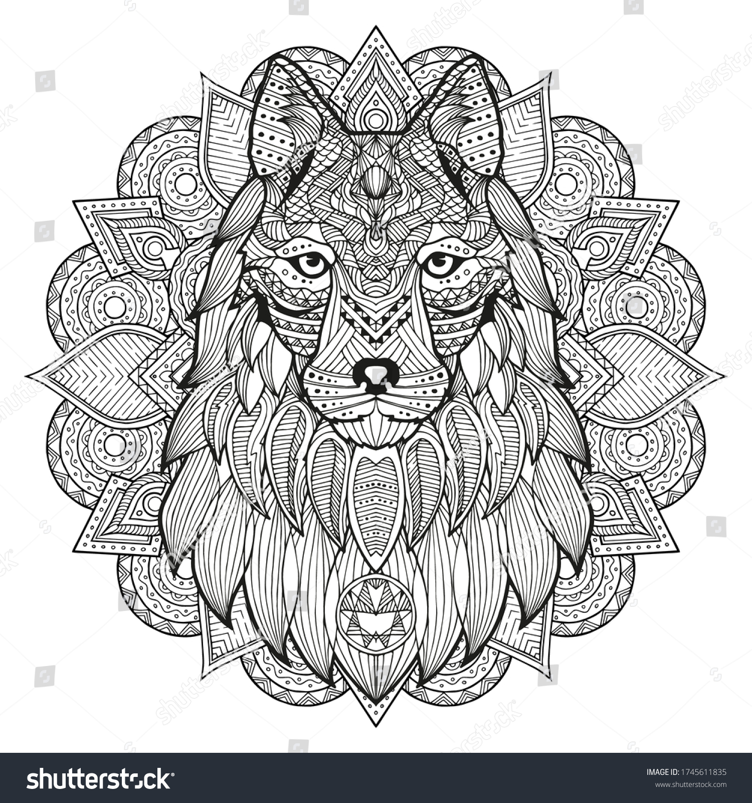 SVG of Wolf. Dog. Coloring is hand-drawn in the style of Zentangle, Doodle. Full face illustration animal's head black lines on white background. Ethnic ornaments Indian, Mexican. Vector abstract background svg