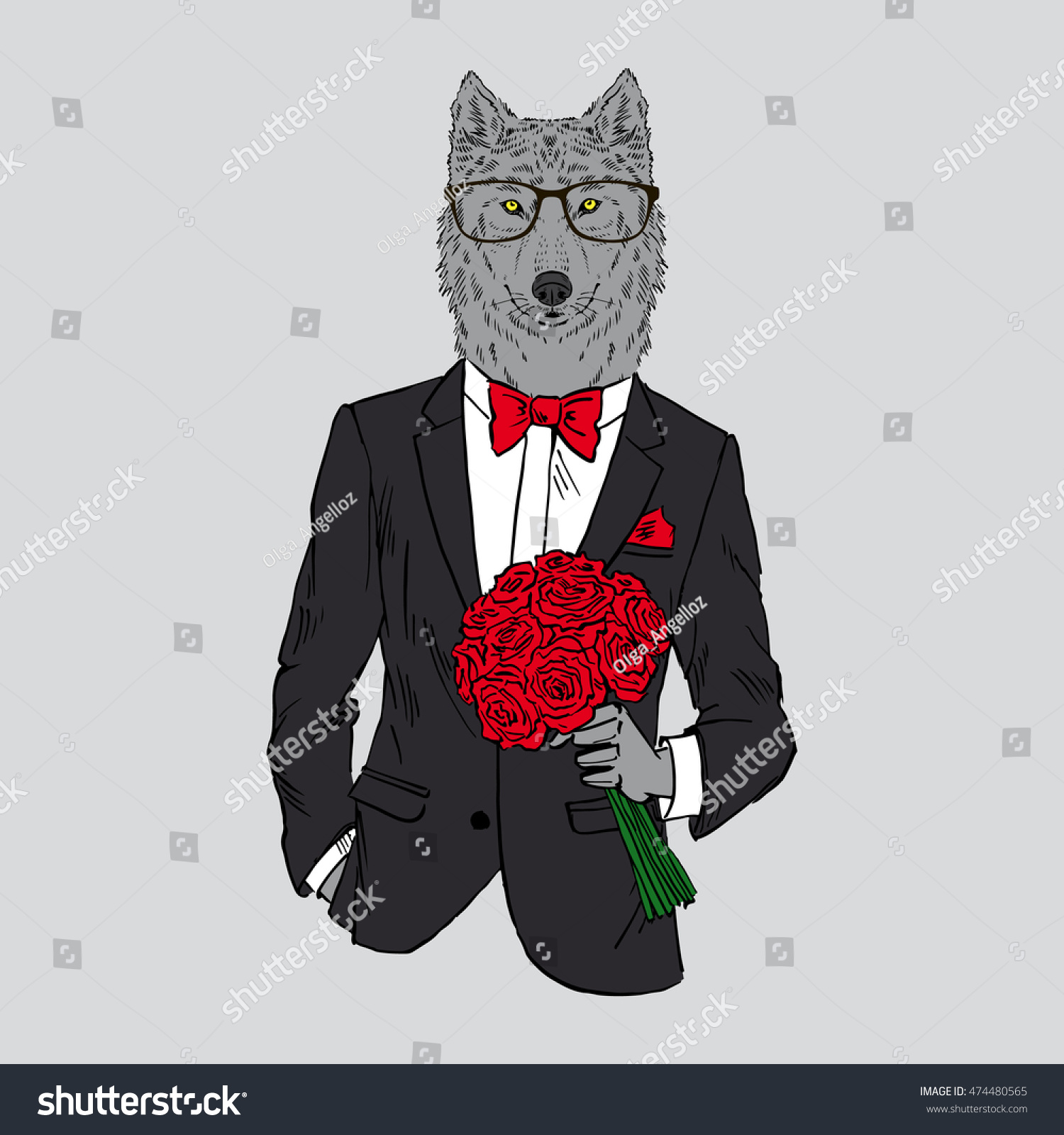 Wolf Dressed Tuxedo Flowers Anthropomorphic Illustration Stock Vector ...