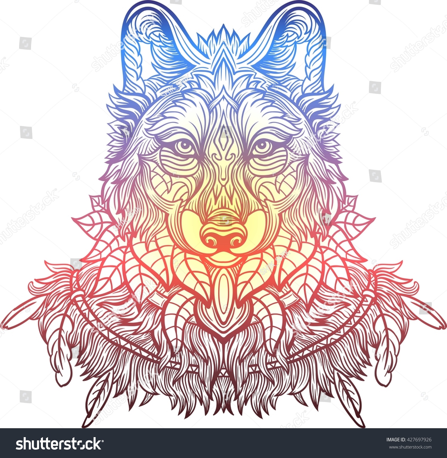 SVG of Wolf. Hand-drawn wolf with ethnic floral doodle pattern. Coloring page - zendala, design for tattoo, t-shirt print svg