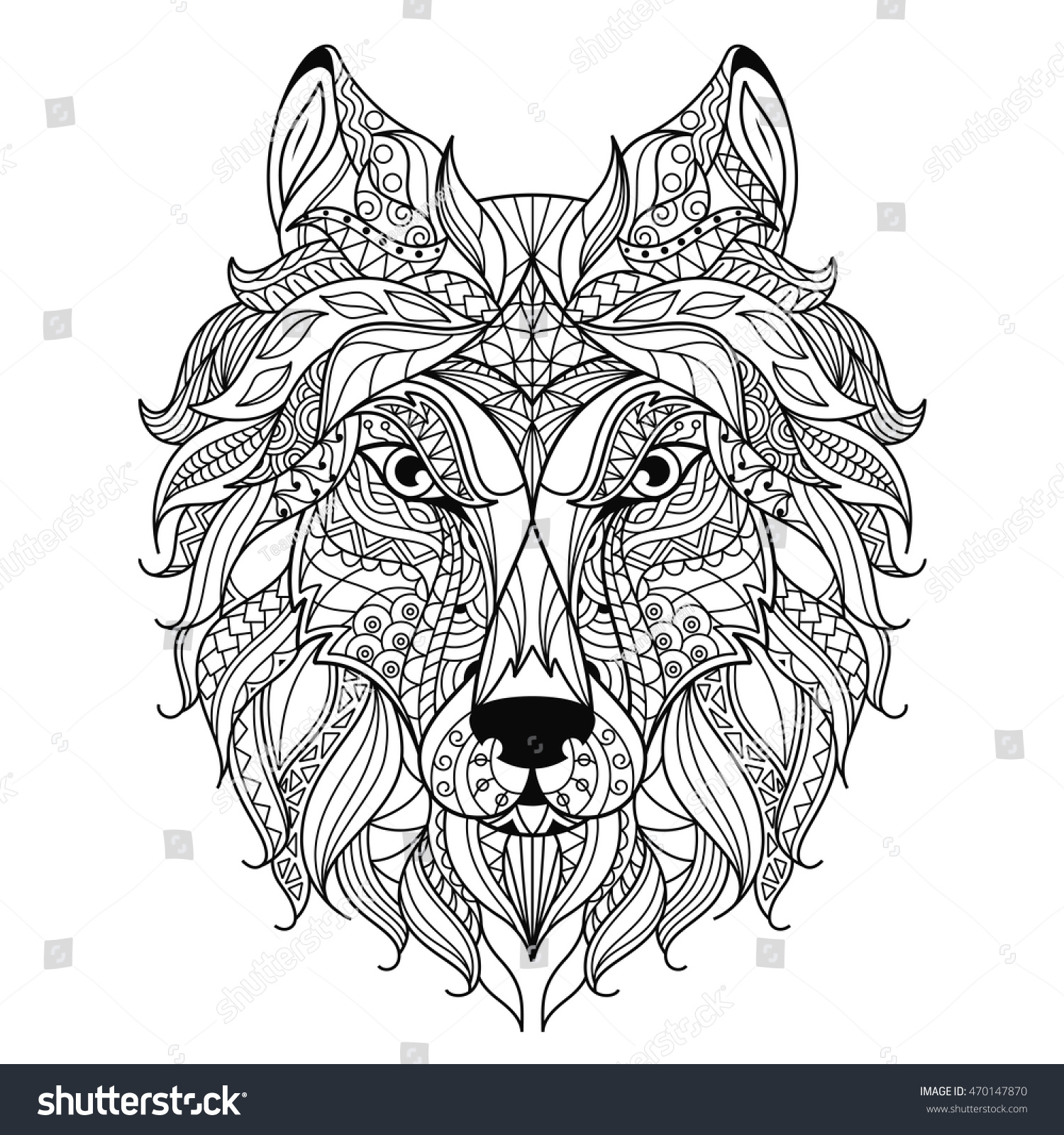 SVG of Wolf head zentangle stylized, coloring page. svg