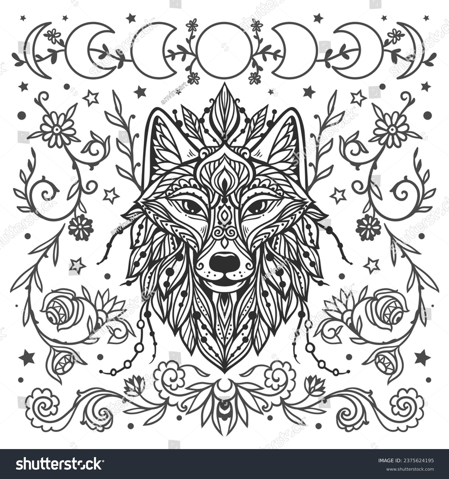 SVG of Wolf mandala. Animal Vector illustration. Adult or kids coloring book page in Zen boho style. Antistress Peaceful drawing. Black and white svg