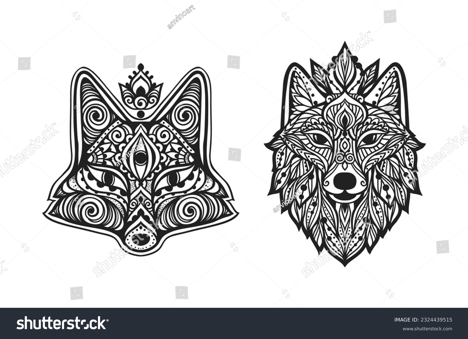 SVG of Wolf mandala Fox. Vector illustration. Adult coloring page. Spiritual Animal in Zen boho style. Sacred, Peaceful. Tattoo tribal print. Black and white svg
