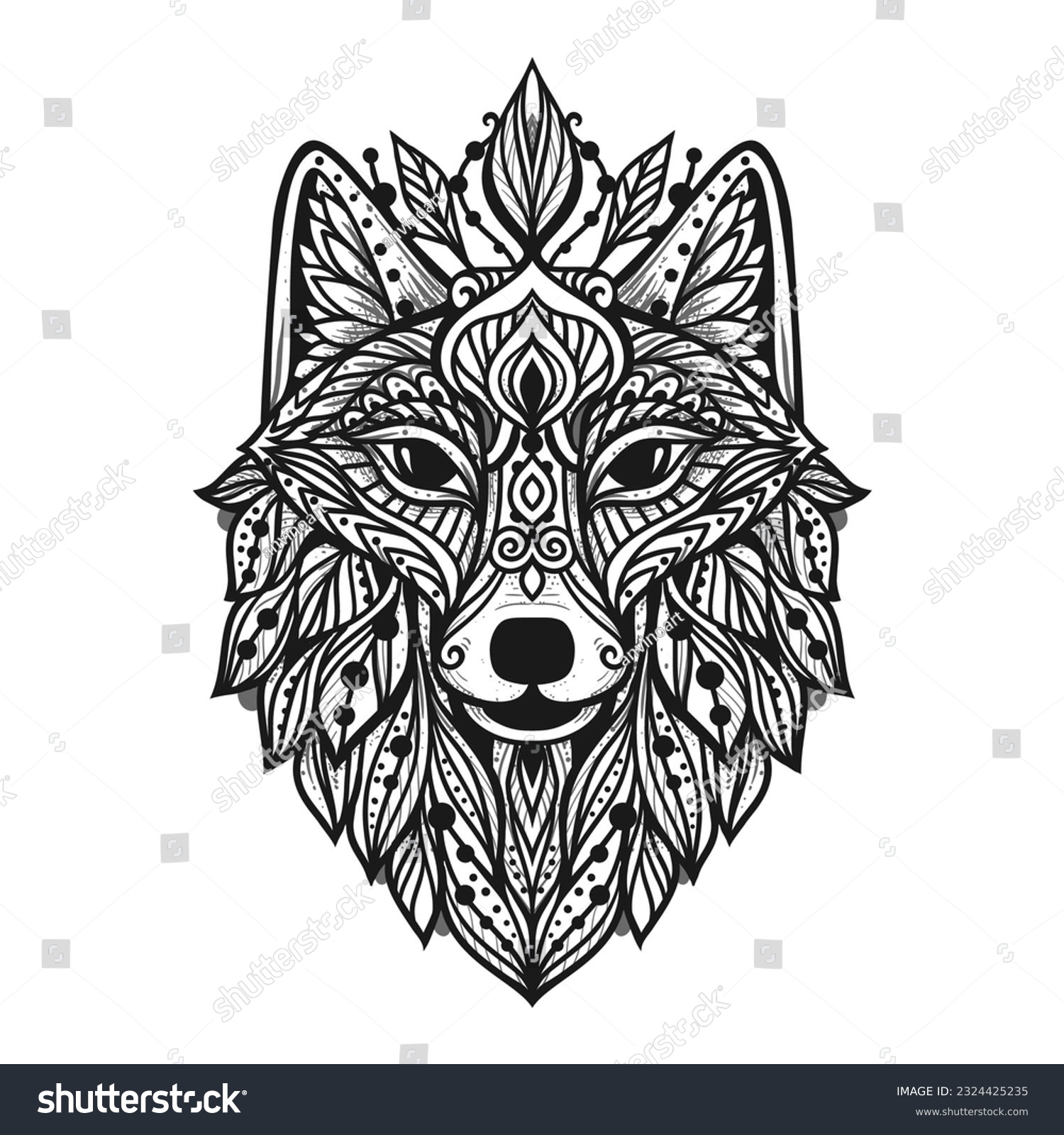 SVG of Wolf mandala. Vector illustration. Adult coloring page. Spiritual Animal in Zen boho style. Sacred, Peaceful. Tattoo tribal print. Black and white svg