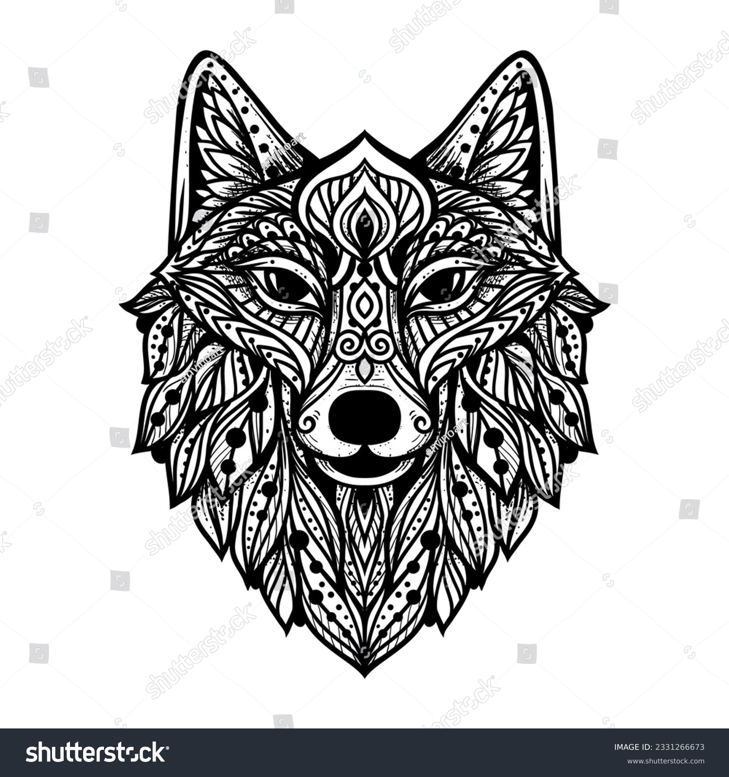 SVG of Wolf mandala. Vector illustration. Adult coloring page. Spiritual Animal in Zen boho style. Sacred, Peaceful. Tattoo tribal print. Black and white svg
