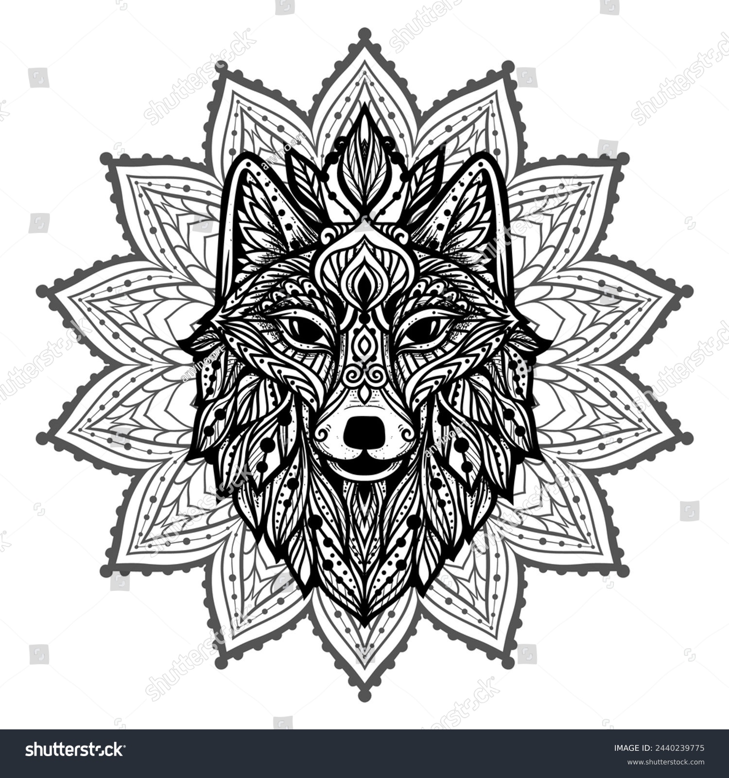 SVG of Wolf mandala. Vector illustration. Adult coloring page. Wild Animal in Zen boho style. Sacred, Peaceful. Tattoo print ornaments. Black and white svg