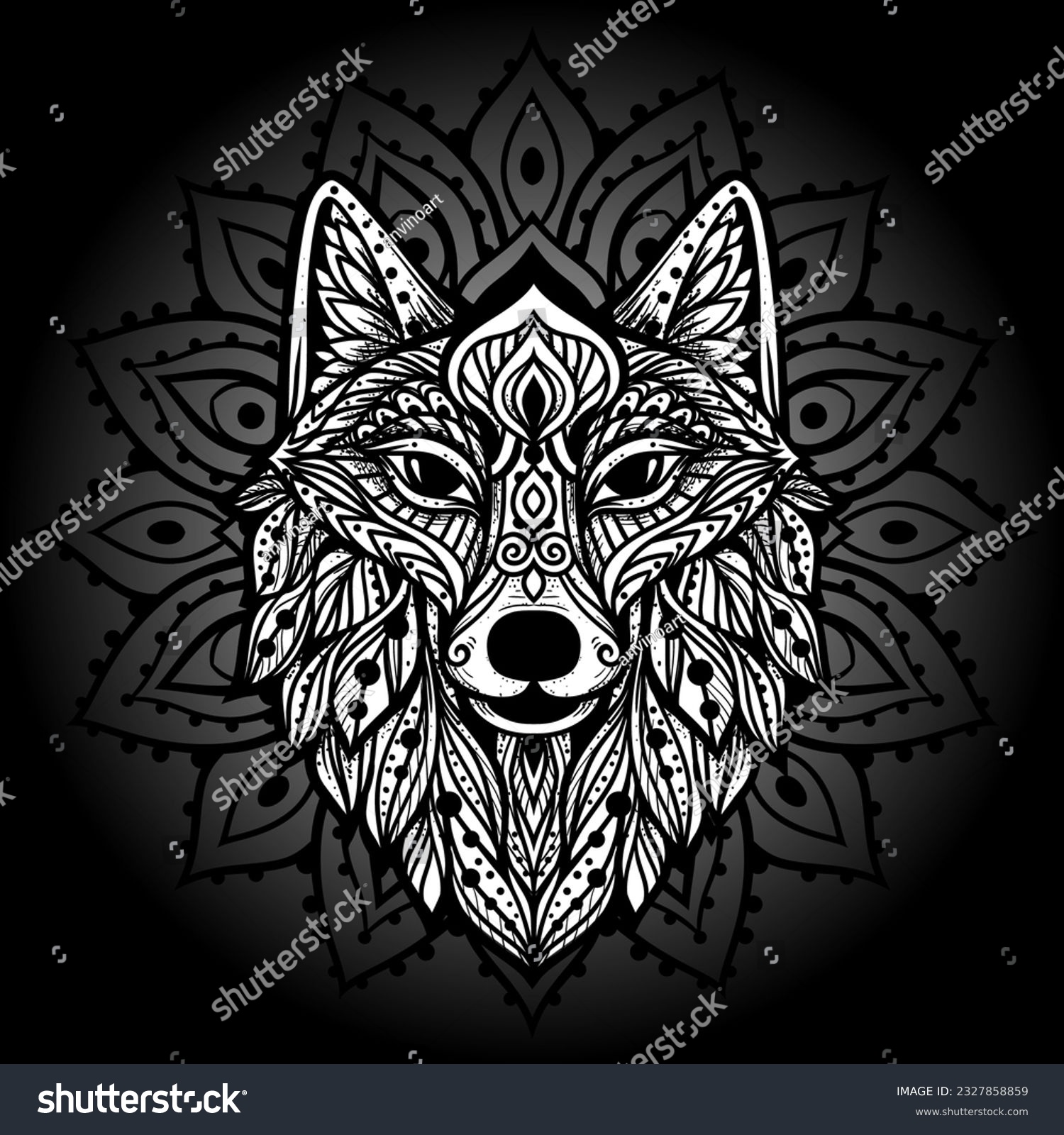 SVG of Wolf mandala. Vector illustration. Esoteric Sacred geometry. Spiritual Wild Animal in Zen boho style. Black and white print svg