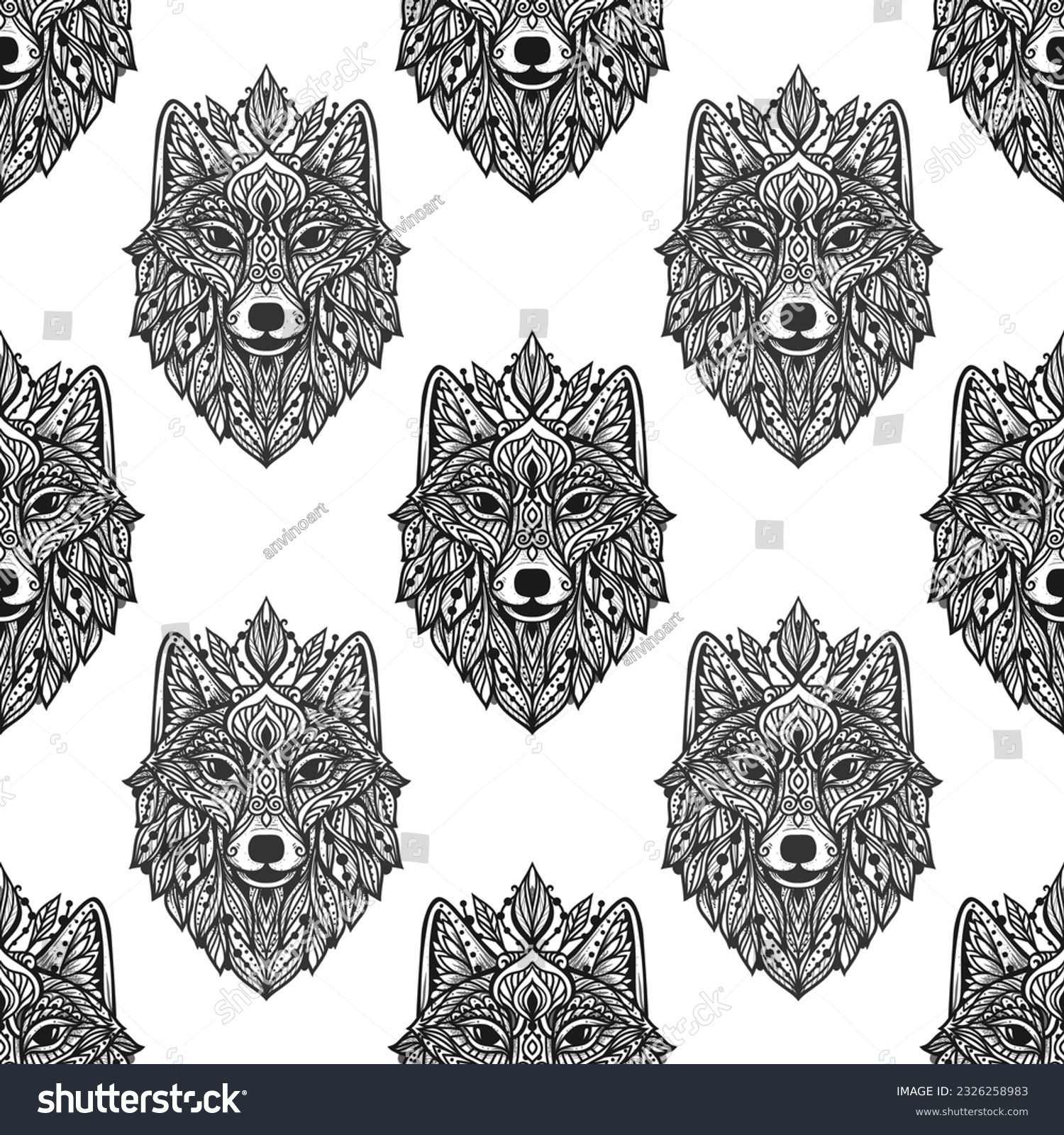 SVG of Wolf mandala. Vector pattern illustration. Esoteric, Spiritual Wild Animal in Zen boho style. Black and white print svg