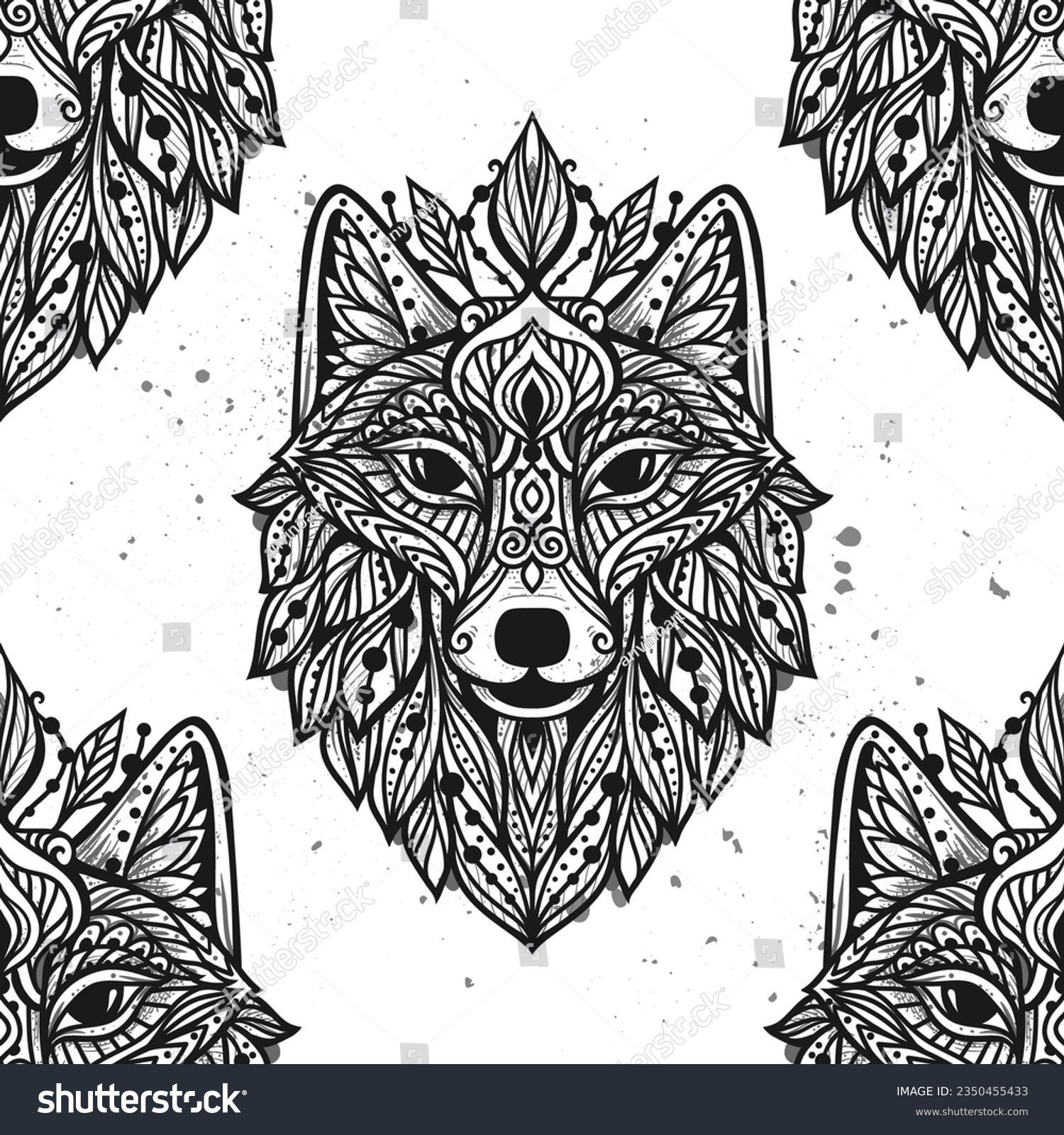 SVG of Wolf mandala. Vector pattern illustration. Esoteric, Spiritual Wild Animal in Zen boho style. Black and white print svg