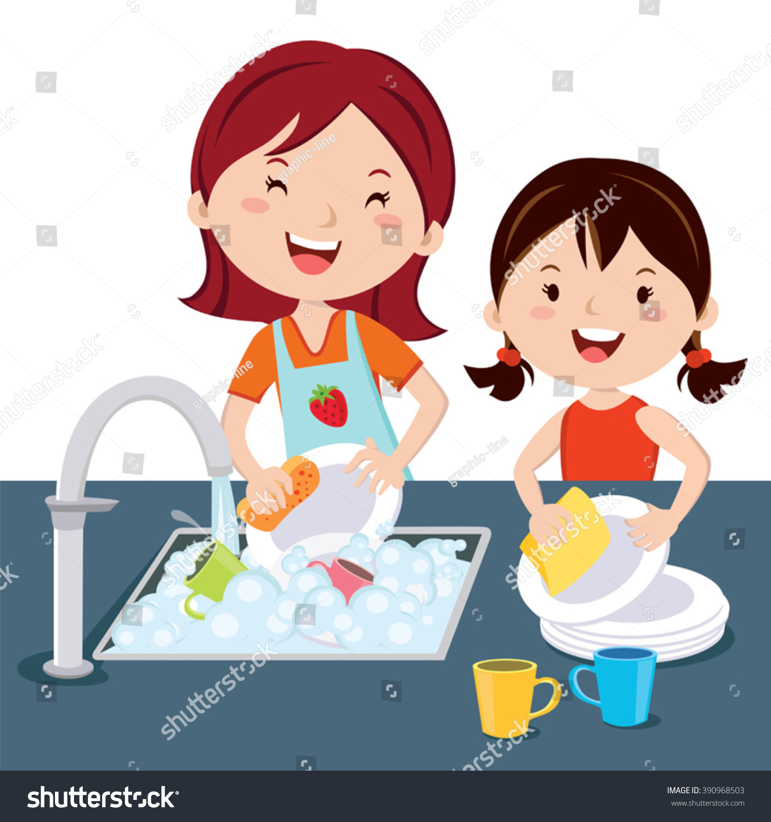 Woman Girl Washing Dishes Kid Mother Stock Vector 390968503 - Shutterstock