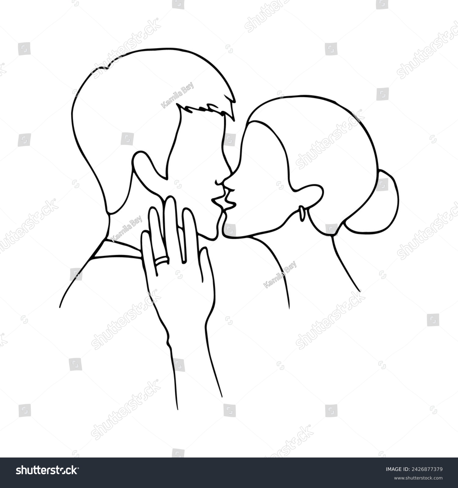 SVG of woman and man almost kiss, the woman's left hand with a ring on the ring finger touches the man's face. hand drawn illustration kiss of lovers with engagement svg