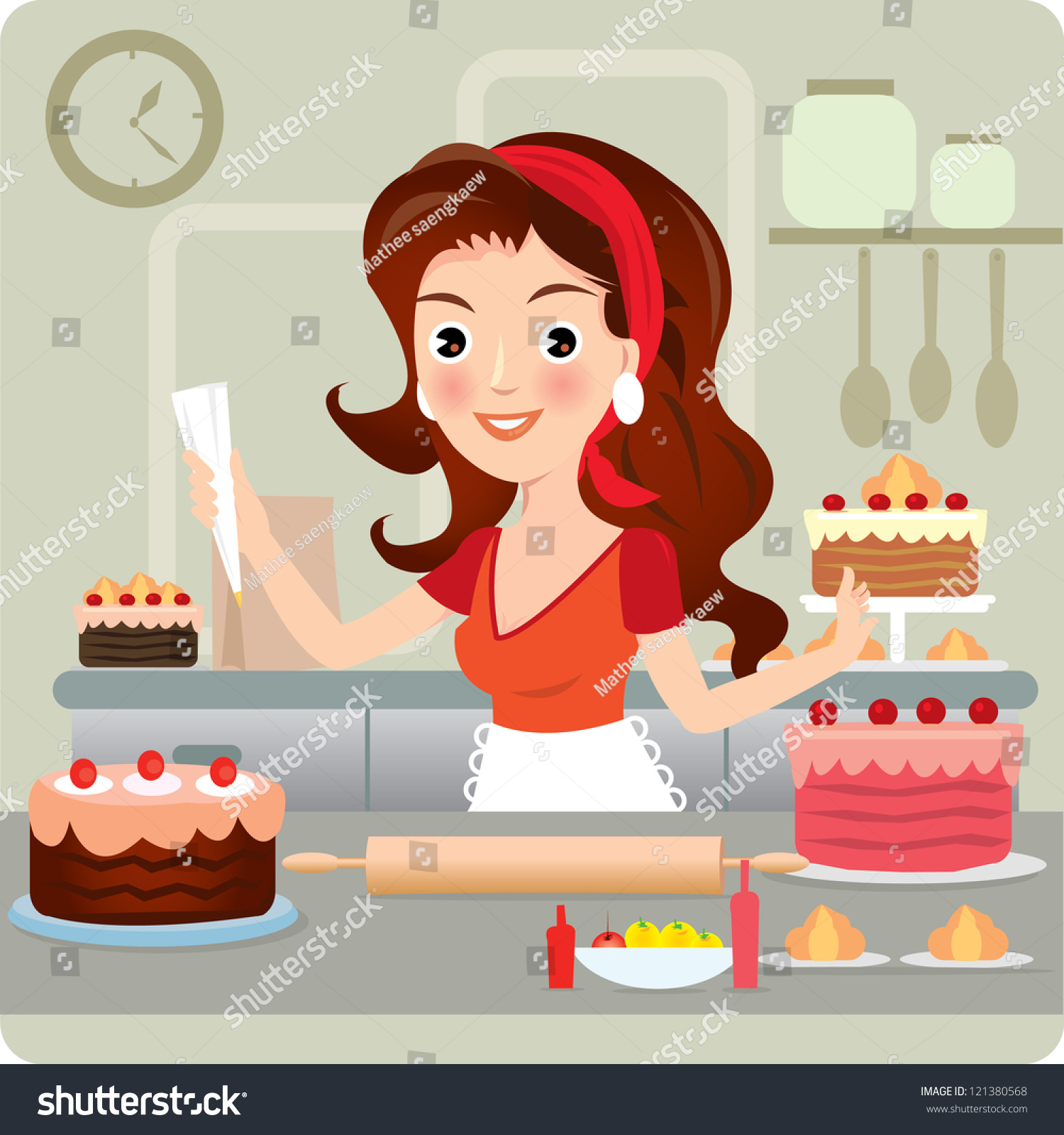 Woman Baking Cookies In Retro Kitchen. Vector Illustration. - 121380568 ...