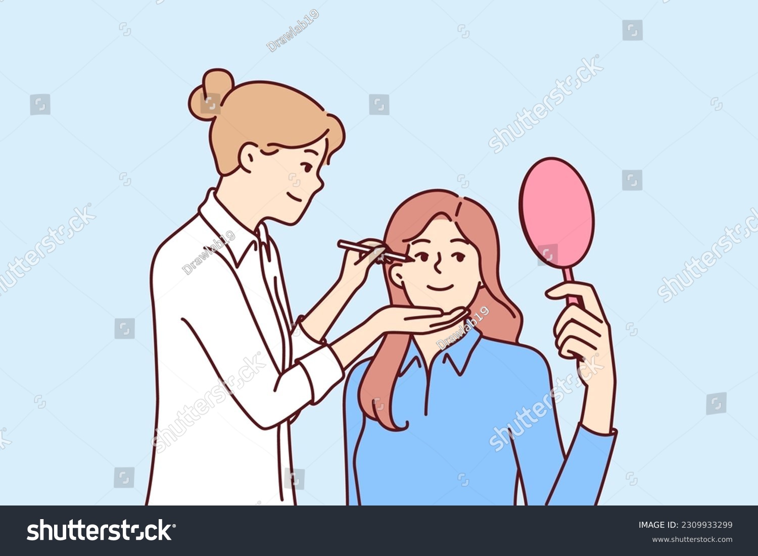 SVG of Woman beautician makes make-up of patient with mirror undergoing aesthetic treatment in medical clinic. Girl make-up beautician applies makeup on face of actress before filming movie or going on stage svg