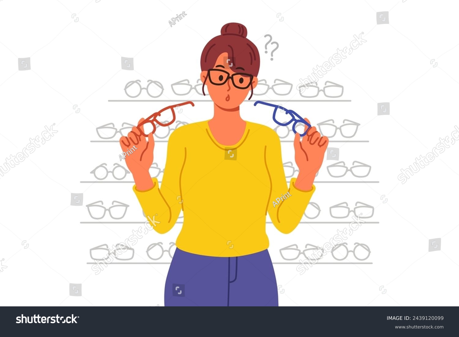 SVG of Woman buys glasses in store with large assortment of lenses and frames and chooses one of two options. Girl stands near display case with glasses in ophthalmic shop, allowing to solve vision problems. svg