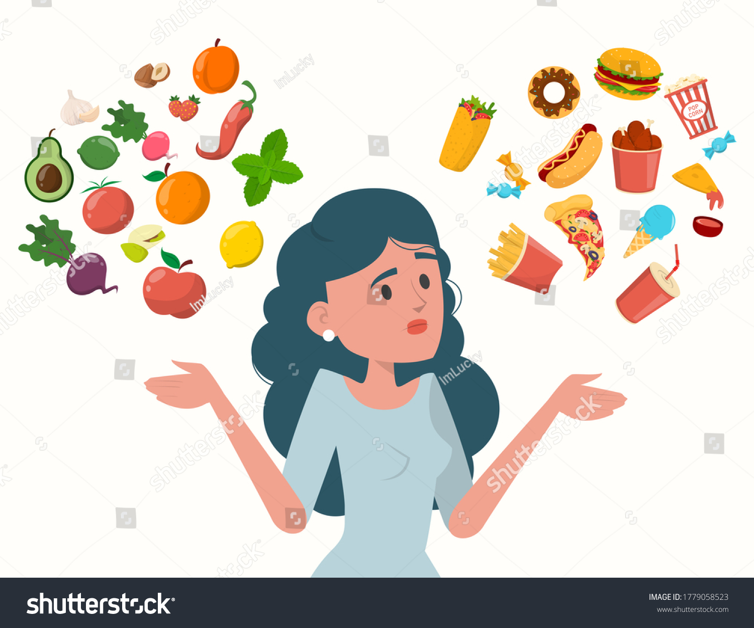 Woman Choosing Between Healthy Unhealthy Food Stock Vector (Royalty ...