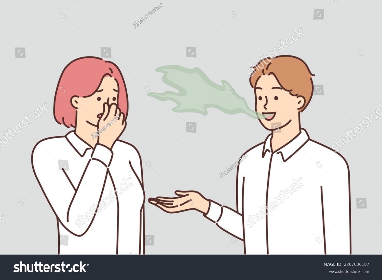 SVG of Woman covers nose with hand, feels discomfort communicating with man due to bad breath. Guy with bad breath not brushing teeth causes problems for others after refusing toothpaste svg