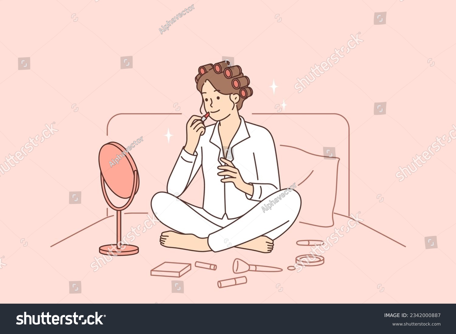 SVG of Woman does makeup sitting in bed early in morning and paints lips while looking in mirror before going to important meeting. Girl in pajamas making makeup applying cosmetics to hide skin imperfections svg