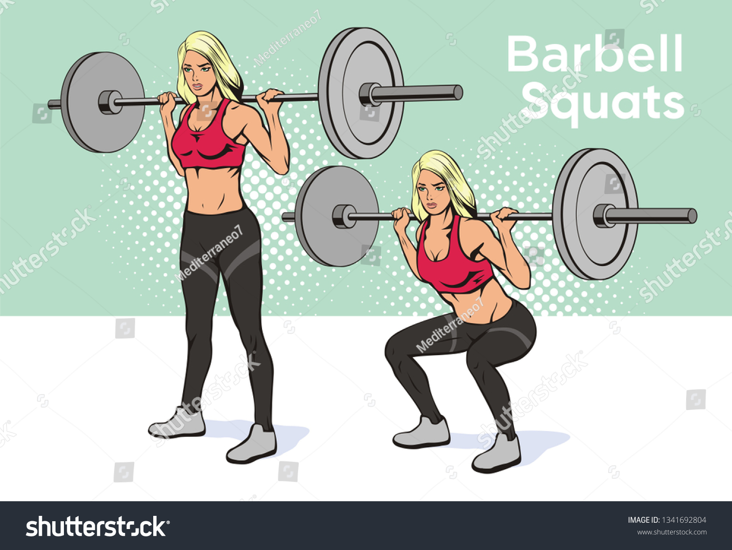 Woman Doing Barbell Squats Vector Retro Stock Vector Royalty Free 1341692804 7047