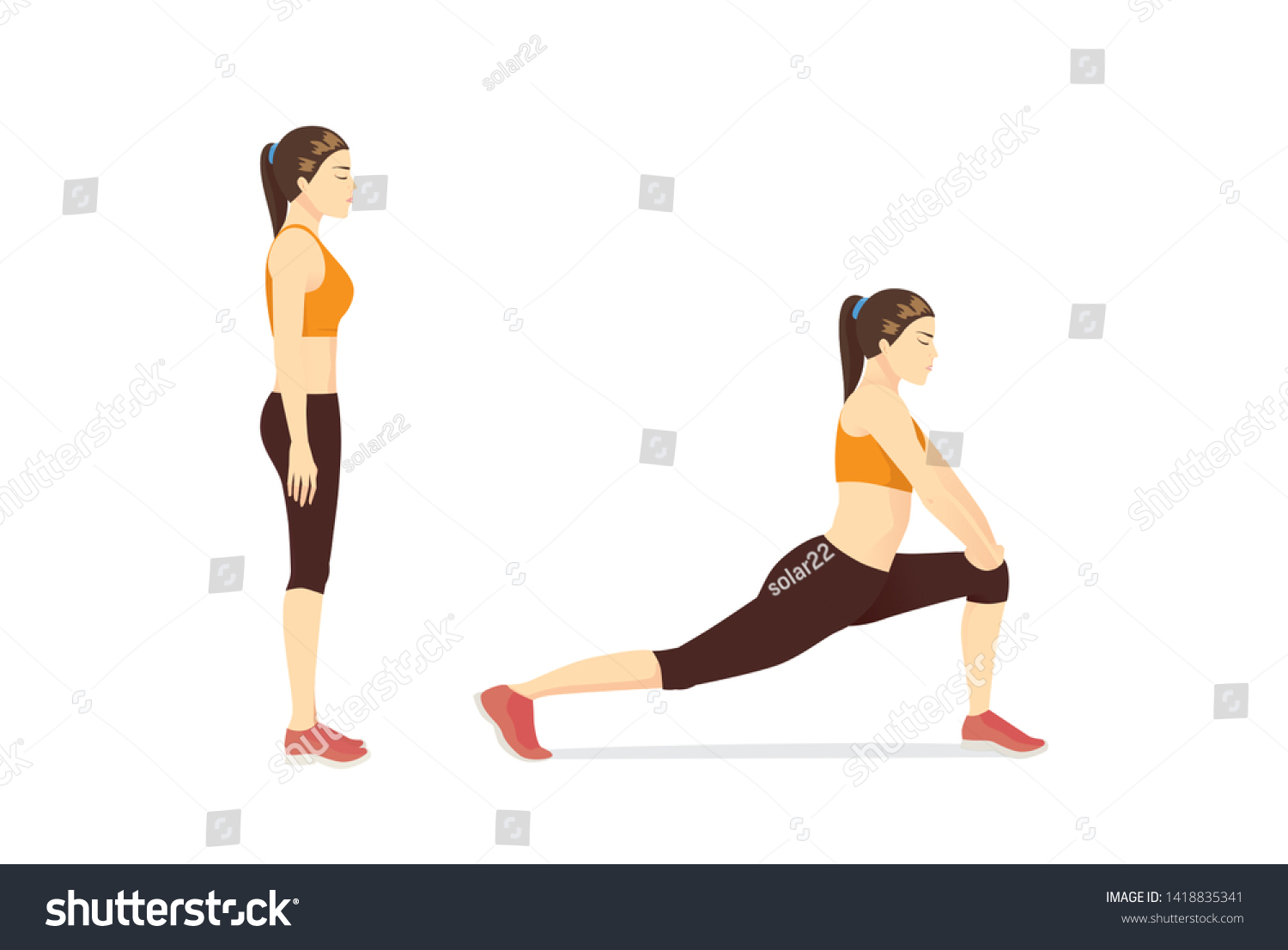 女性がスクワットジャンプを3段の横ビューで行い 下半身全体を強化する運動ガイド トレーニングに関するイラスト のベクター画像素材 ロイヤリティフリー