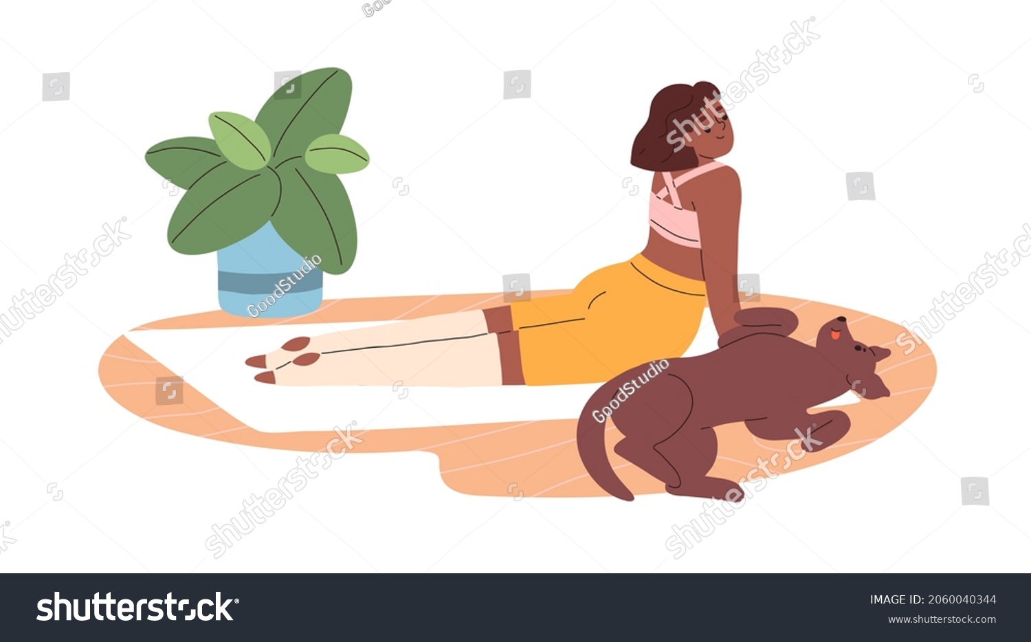 SVG of Woman doing yoga exercise, Cobra Pose, with cute dog at home. Happy person practicing stretching workout with pet, training on mat indoors. Flat vector illustration isolated on white background svg