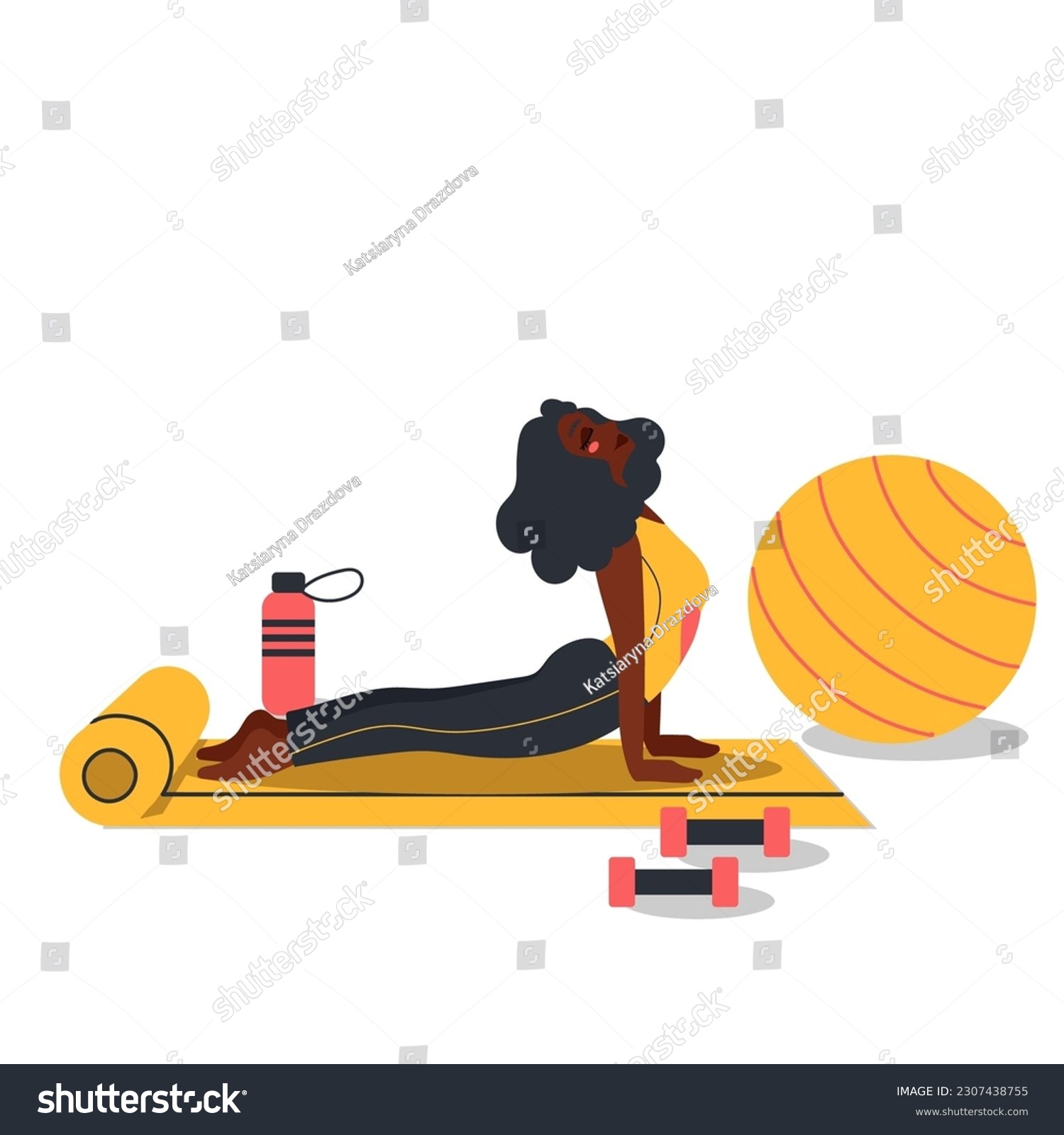 SVG of woman doing yoga exercises. Happy person practicing stretching workout, training on mat indoors. Fashion illustration by femininity, beauty, and mental health. Feminine cartoon illust svg
