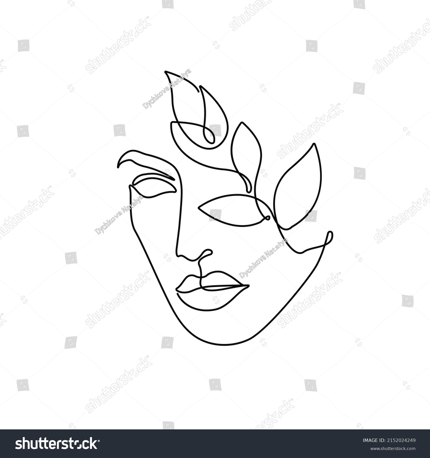 Woman Face Leaves Line Art Drawing Stock Vector Royalty Free