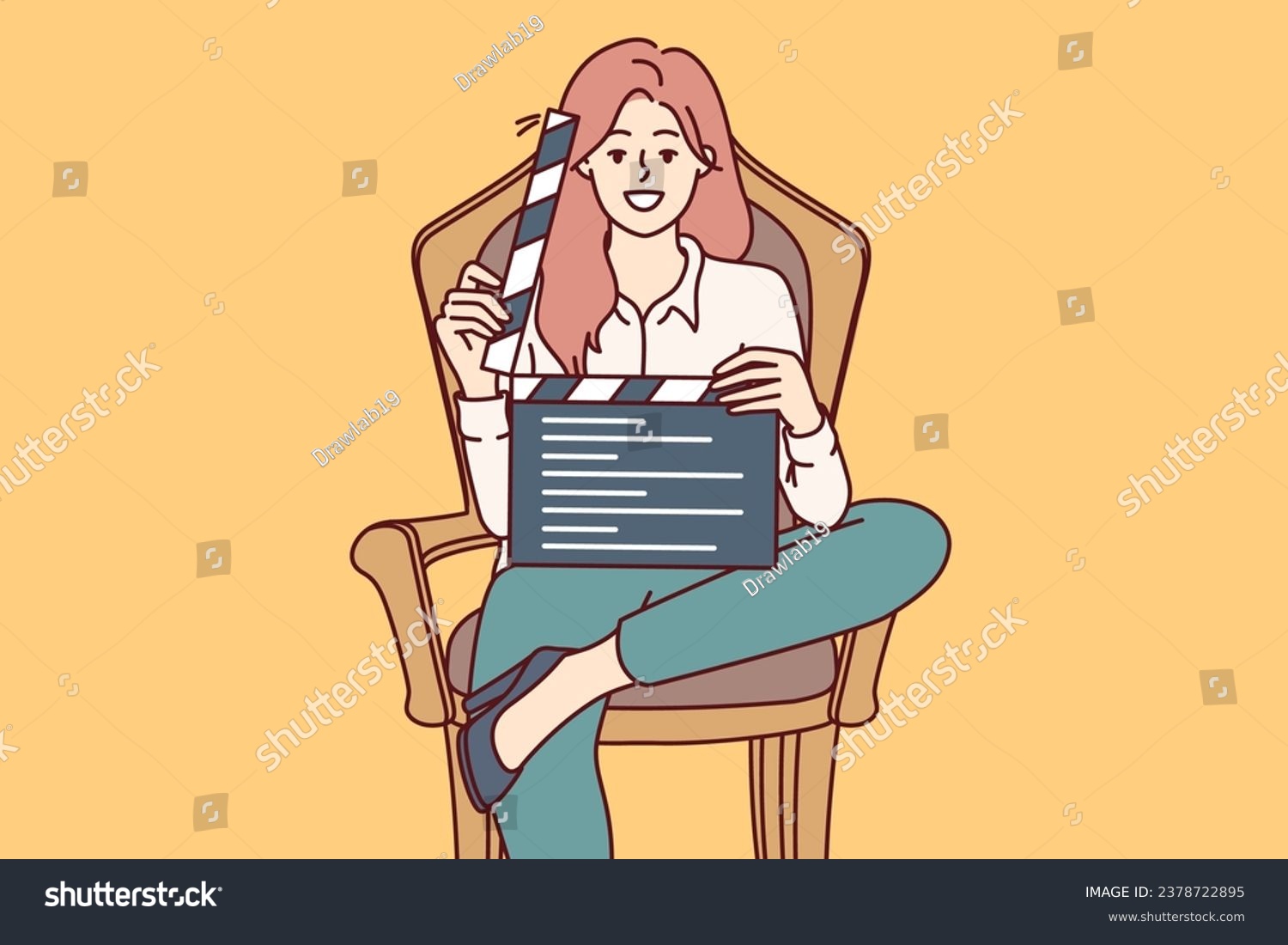 SVG of Woman film producer holds clapperboard and smiles sitting in chair to invite actors to participate in casting. Girl director demonstrates clapperboard after completing shooting of next take svg