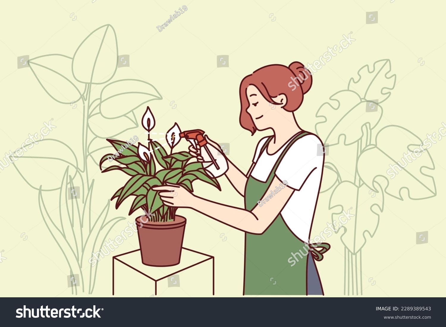 SVG of Woman gardener from greenhouse takes care of house plants by spraying leaves with fertilizer to get rid of termites. Florist girl works in greenhouse and breeds home plants for sale in own store svg
