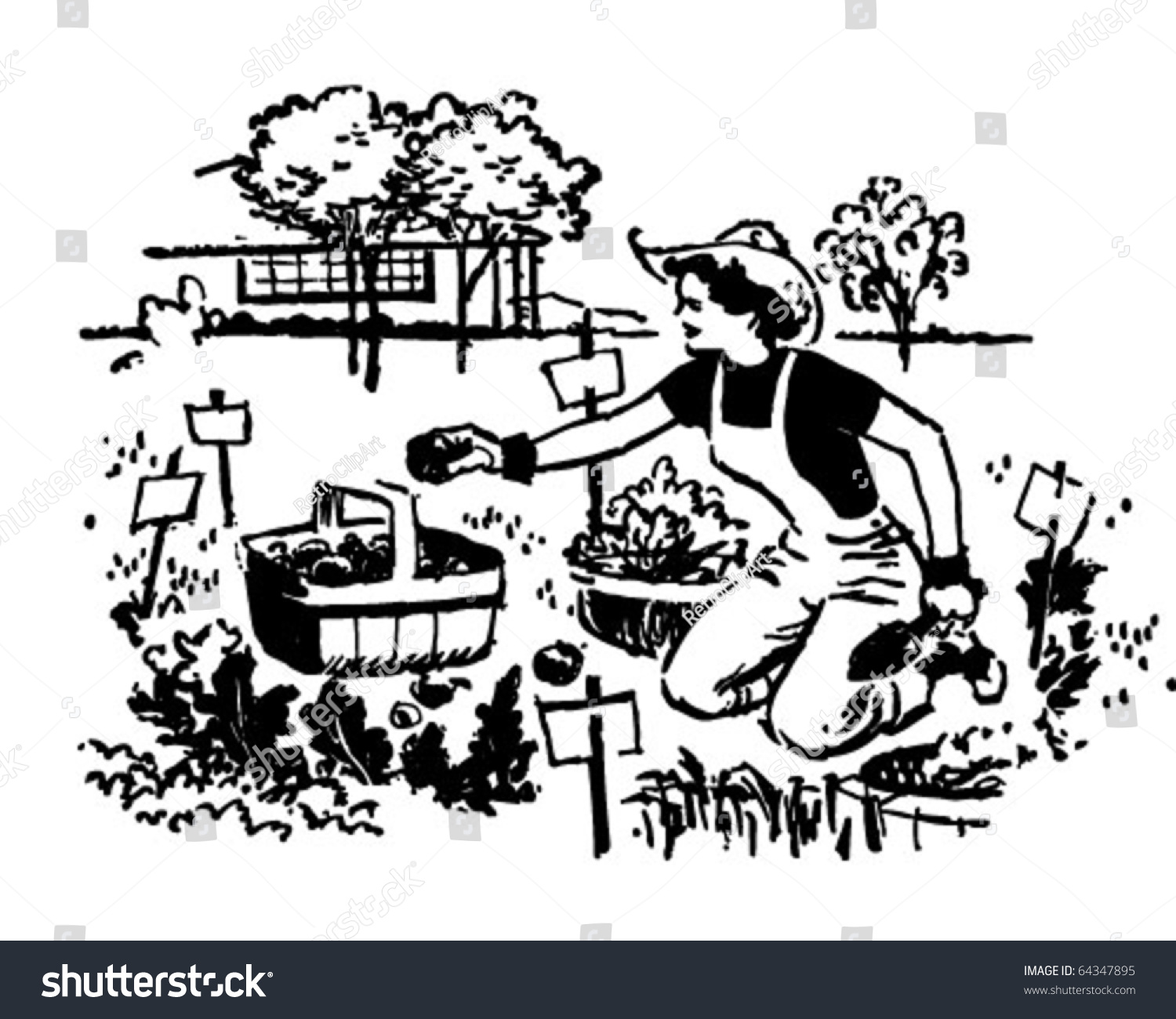 Woman Gardening - Retro Clipart Illustration - 64347895 : Shutterstock