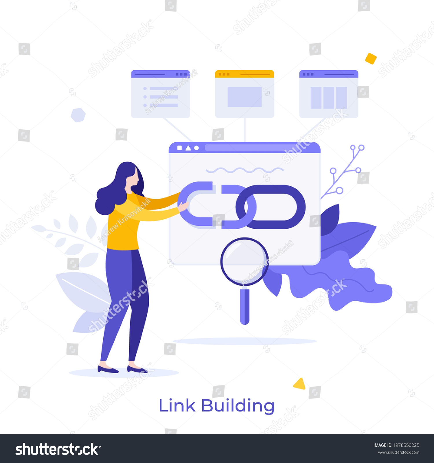 SVG of Woman holding chain on bowser window. Concept of link building for search engine optimization, acquiring hyperlinks from websites to get traffic. Modern flat colorful vector illustration for banner. svg