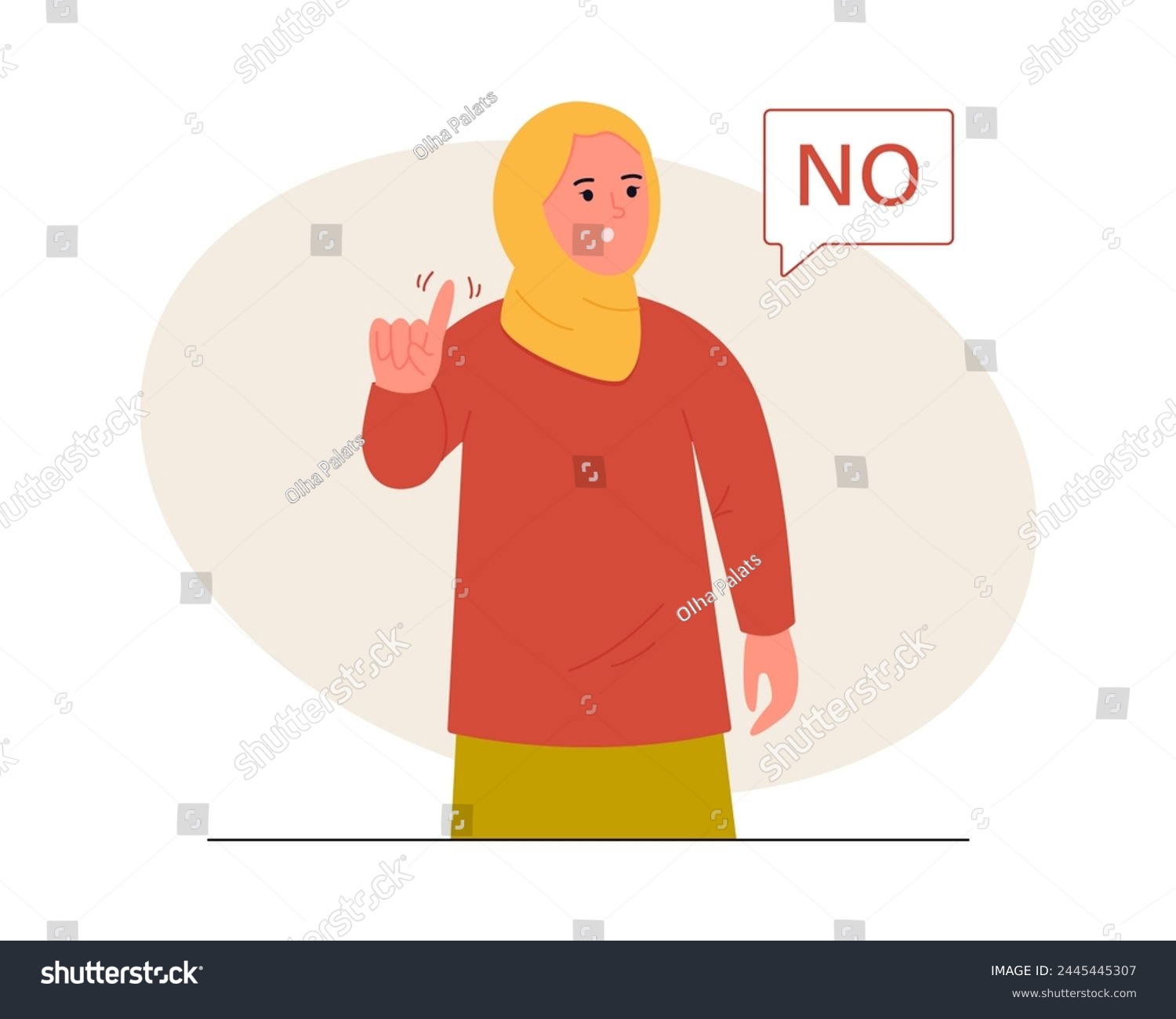 SVG of Woman in a hijab says no and showing stop with one finger, taboo sign, negates with a facial expression. Concept of denial, refusal. Vector illustration svg