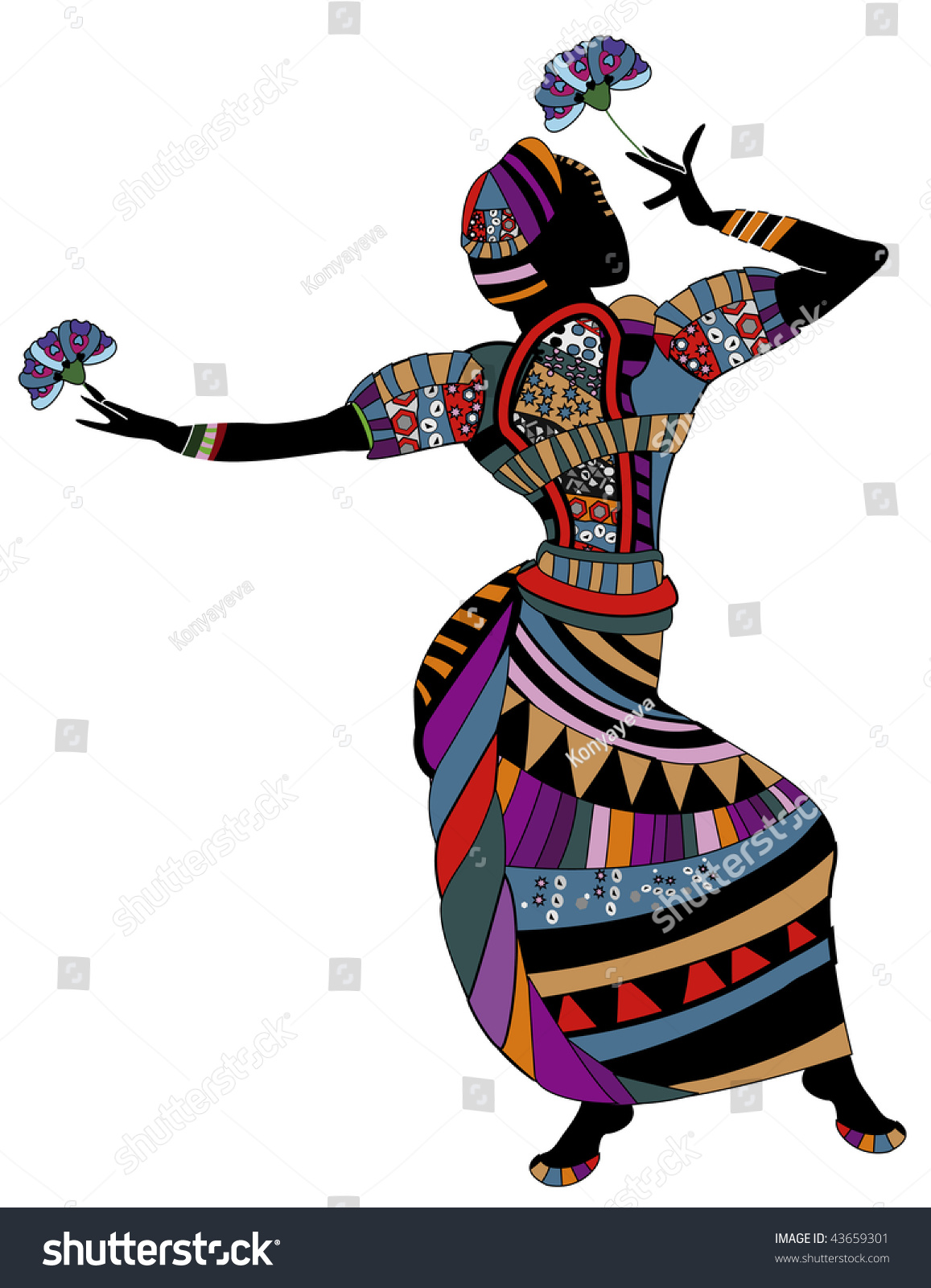 Woman In Ethnic Clothes Dancing Dancing With Flowers Stock Vector ...