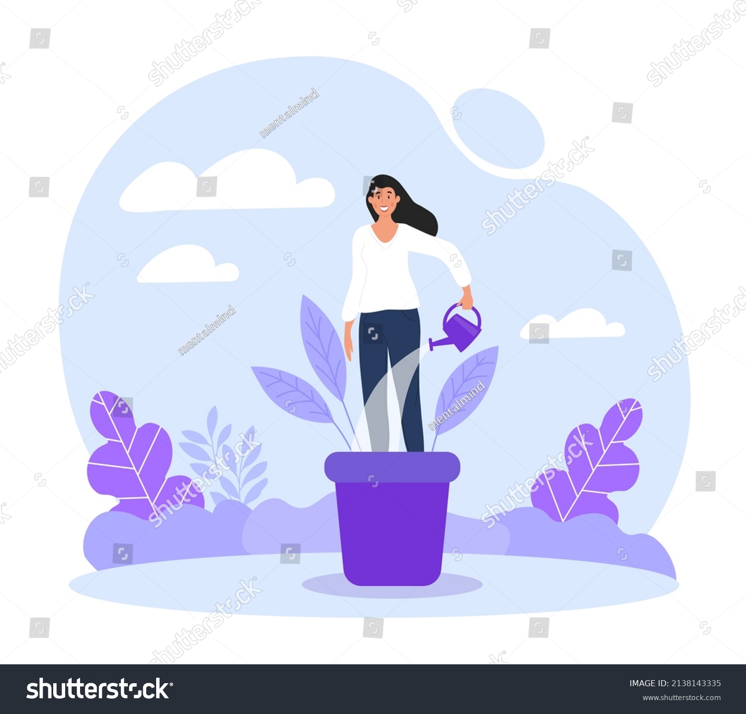 Woman Flowerpot Young Girl Pot Watering Stock Vector (Royalty Free ...