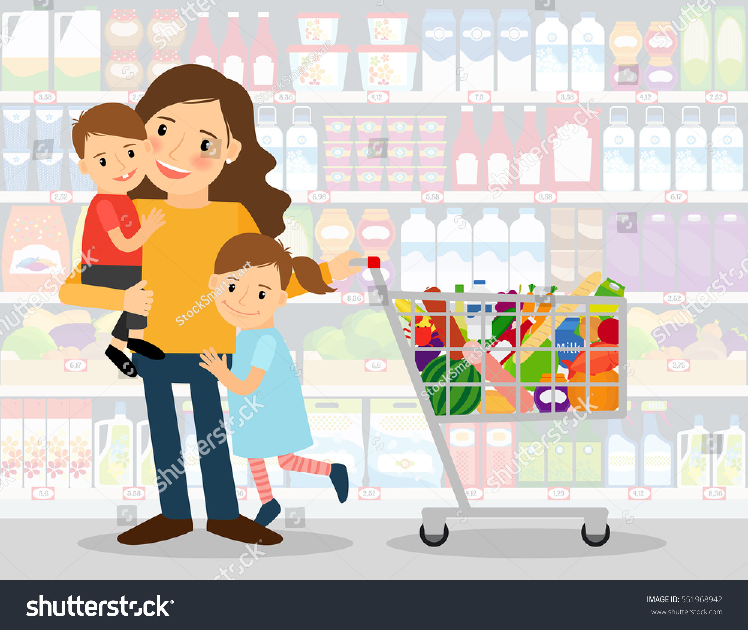 Woman Supermarket Two Young Kids Shopping Stock Vector 551968942 ...