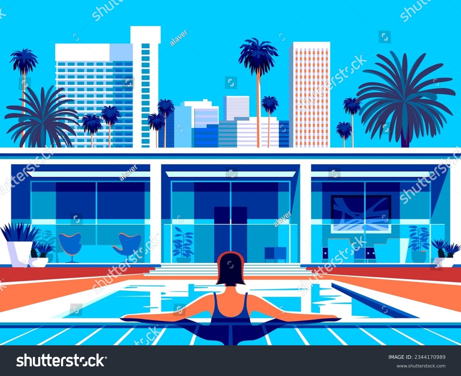 SVG of Woman in the pool at the resort on vacation. Cityscape with apartments in the first plan and skyscrapers in the background. Handmade drawing vector illustration. Pop Art style. svg