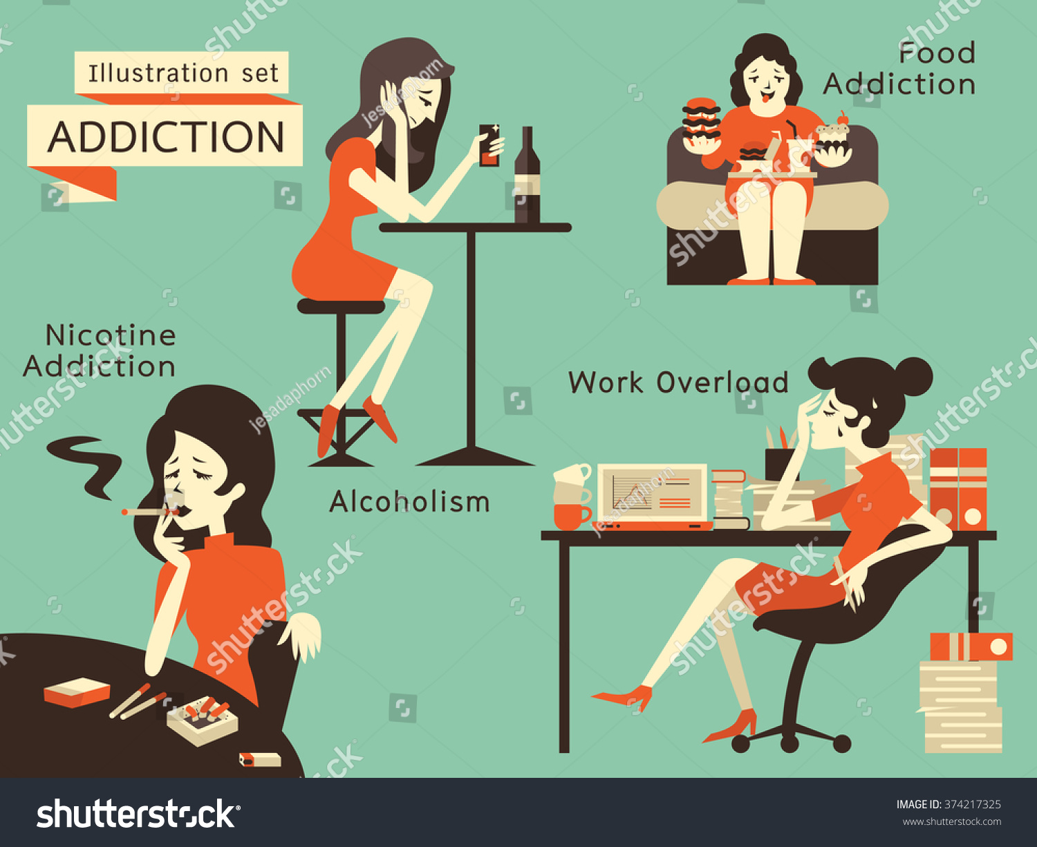 Woman Unhealthy Addiction Lifestyle Acoholism Nicotine 库存矢量图 